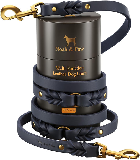 NOAH & PAW Leather Dog Leash, Premium Oil-Waxed Leather Braided, 8 ft Long Dog Leash with 6 Ways to Use Hands-Free, Quick-tie, Double Pet Lead Etc. Matching Collar Available. (Dark Blue)