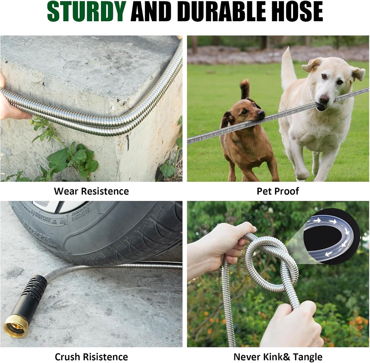 100ft Garden Hose, Heavy Duty Metal Water Hose 100 ft with 10 Function Nozzle, Flexible No-Kink, Pet-Proof & Puncture-Proof Stainless Steel Outdoor Hose for Yard