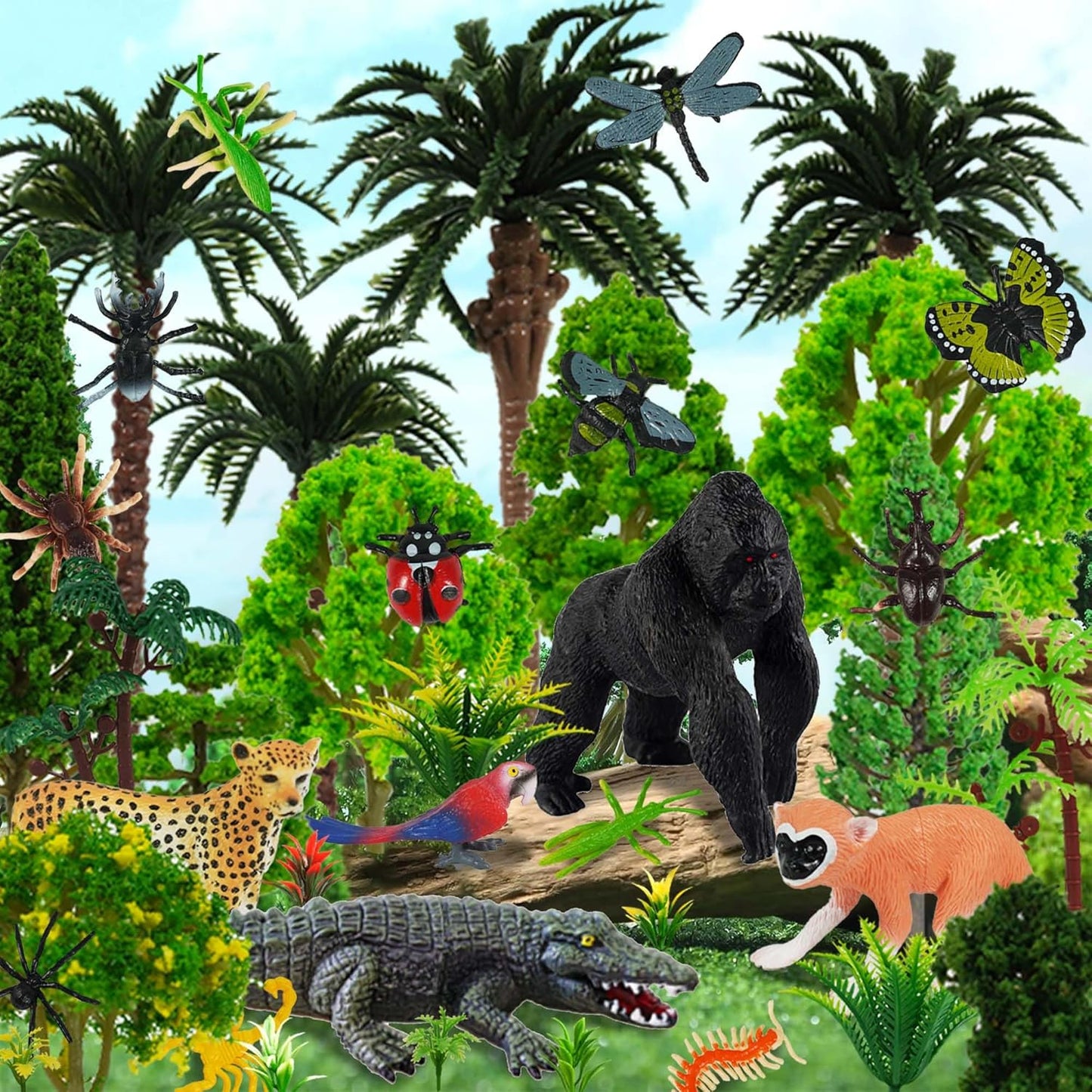 45 PCS Rainforest Animals Insect Figures Mixed Plastic Model Trees Forest for Rainforest Cake Topper Birthday Party Supplies Decorations