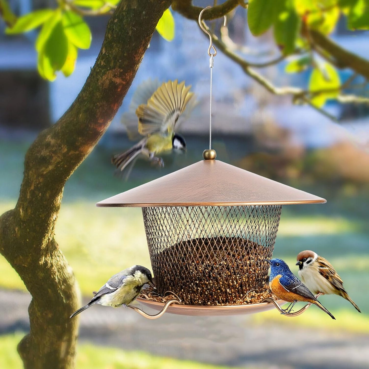 Metal Bird Feeder for Outdoors Hanging, Large Roof Bird Feeders for Cardinal, 3LB Wild Birdfeeder Squirrel Proof for Outside