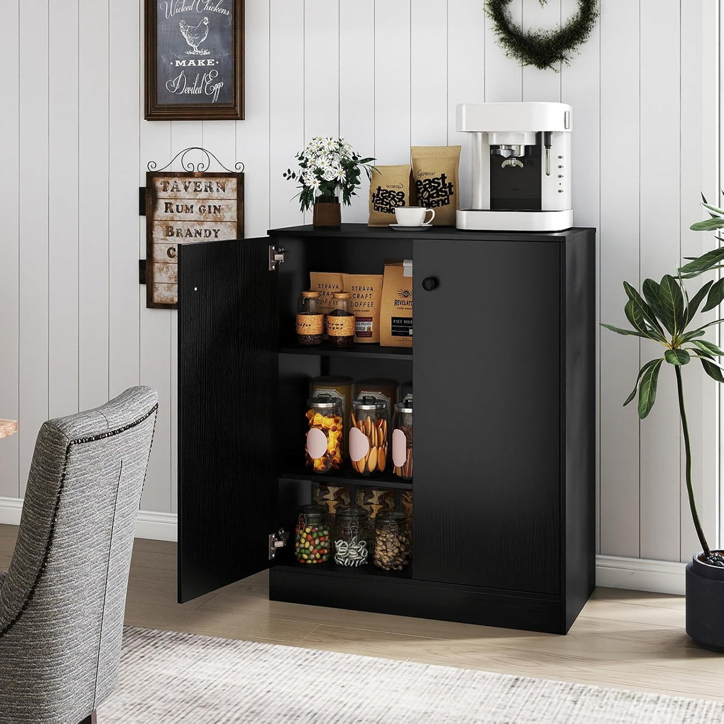 Giantex 2 Door Storage Base Cabinet - Freestanding Floor Cabinet with 3-Tier Shelf, Non-Slip Foot Pads, Kitchen Cupboard Storage Organizer for Living Room, Hallway, Entryway, Office (Black)