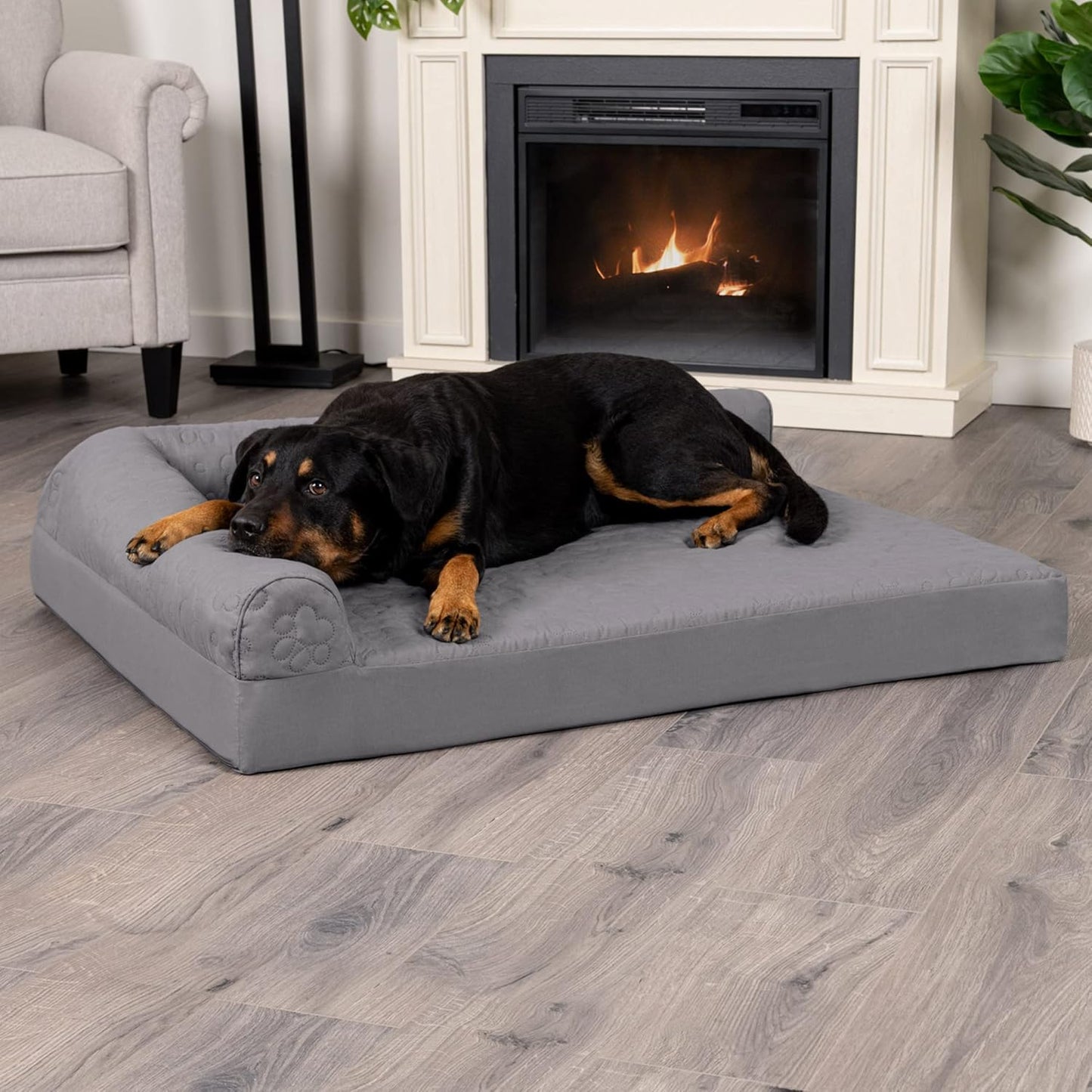 Furhaven Dog Bed L-Chaise L Shaped Chaise - Titanium, Jumbo/XL W/Same Size Waterproof Liner