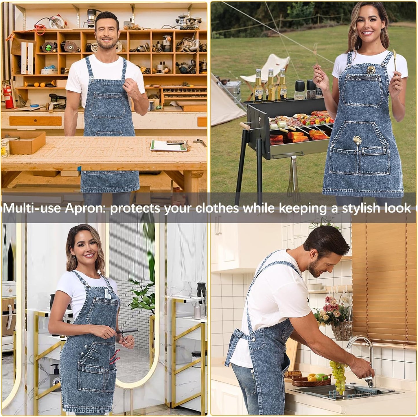 Denim Apron with Pockets, Cross Back Apron for Men Women, Jean Work Aprons for Hairstylist Barber Grilling Gardening, Adjustable S to L