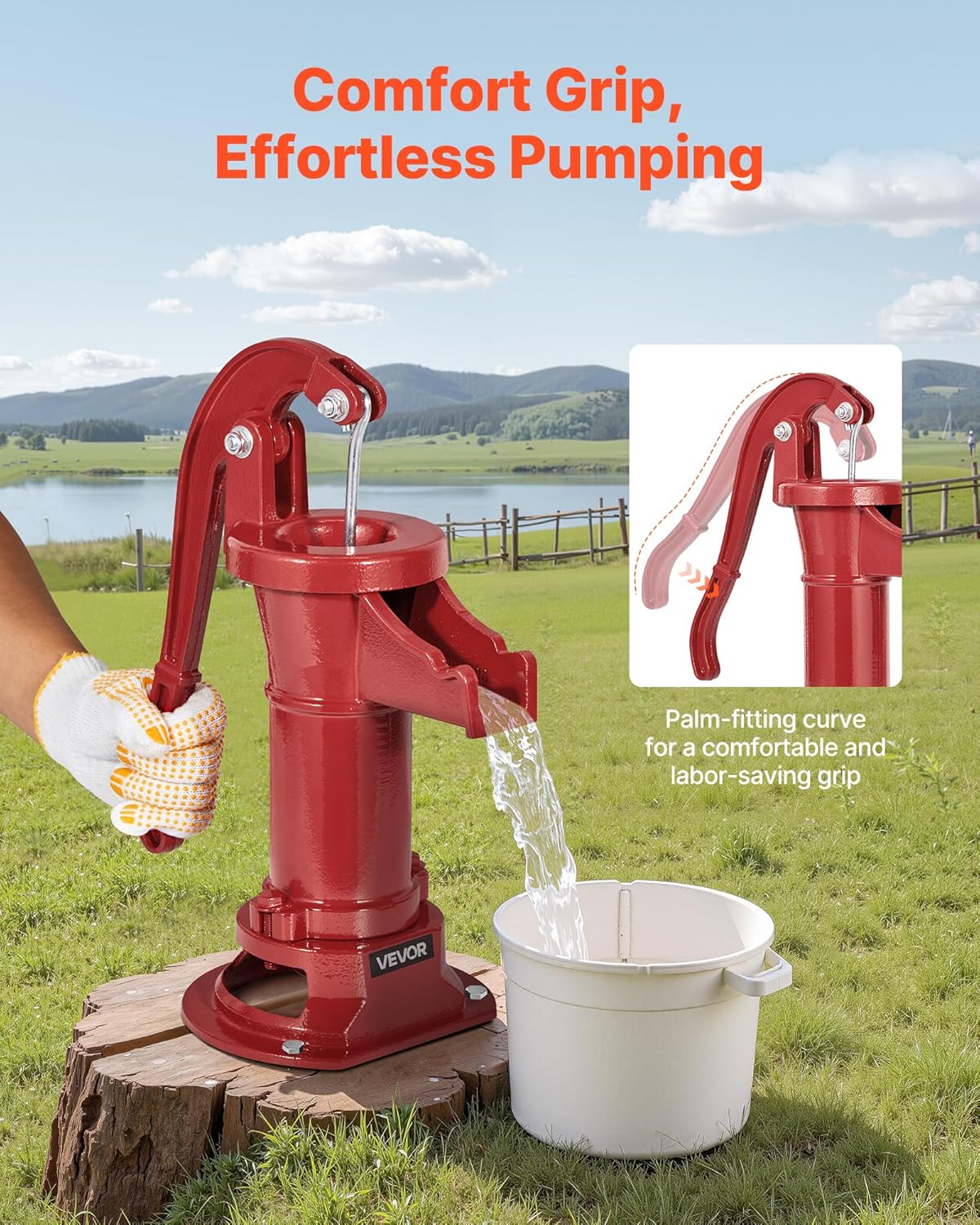 VEVOR Well Hand Pitcher Pump, 25 ft Maximum Lift, Antique Cast Iron Manual Hand Water Pump, NPT 1-1/4 in Connection, Easy Installation, Old Fashioned for Outdoor Garden, Pond, Backyard, Farm, Red