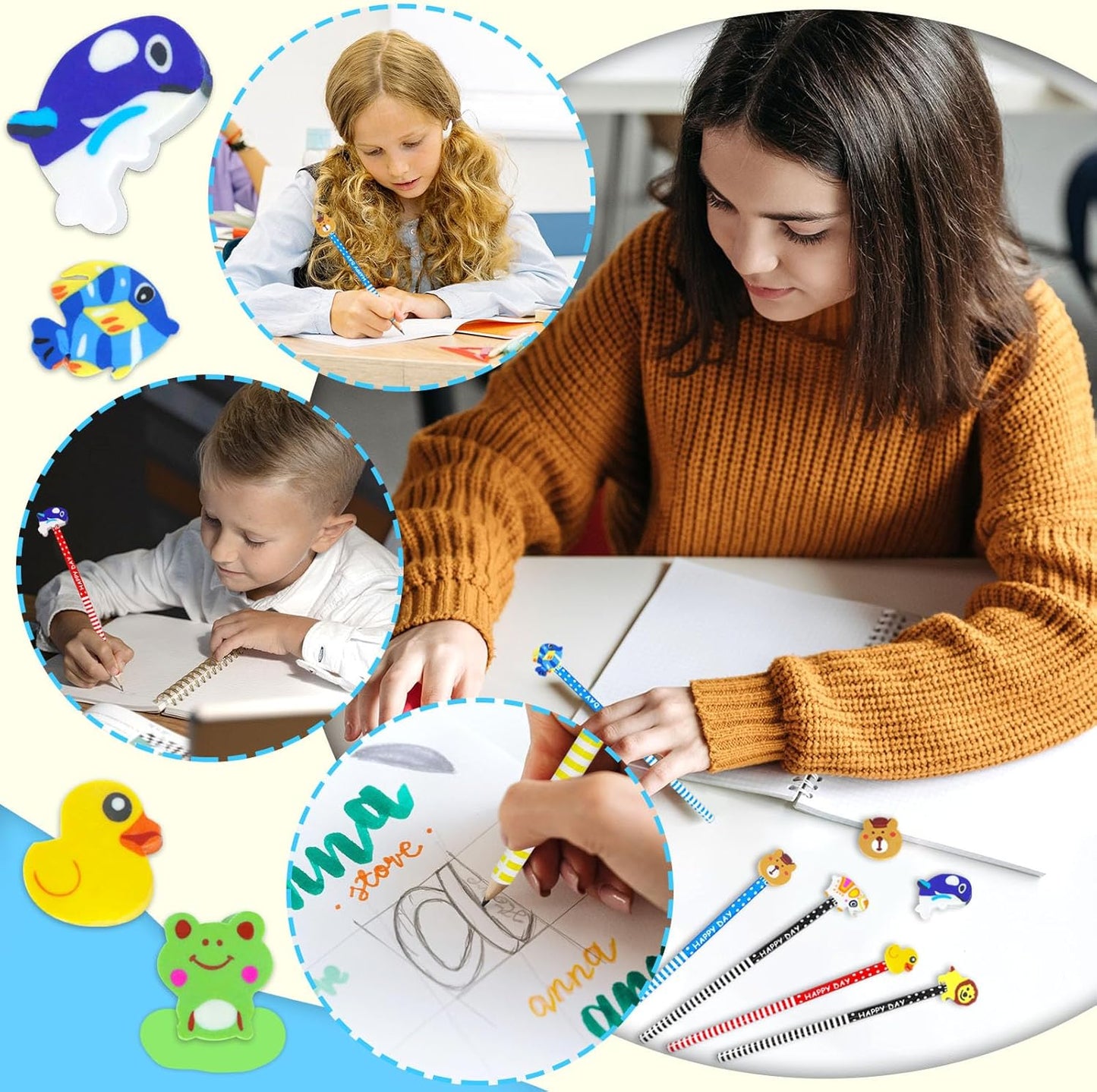 50 Pack Cartoon Animal Pencil With Erasers Toppers,Number 2 Fun Pencils For Kids,Bulk Party Favor Supplies for Classroom Novelty Design Birthday Gift (Multicolor)