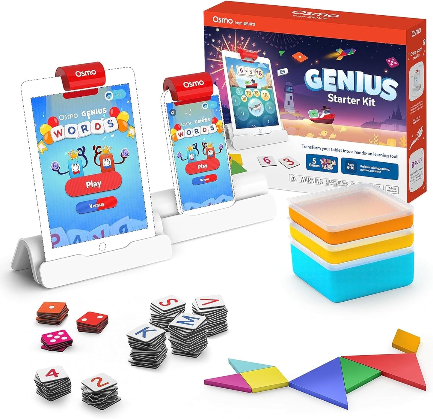 Osmo - Genius Starter Kit for iPad - 5 Educational Learning Games - Ages 6-10 - Math, Spelling, Creativity & More - STEM Toy Gifts for Kids, Boy & Girl - Ages 6 7 8 9 10 Base Included (5 Games, iPad)