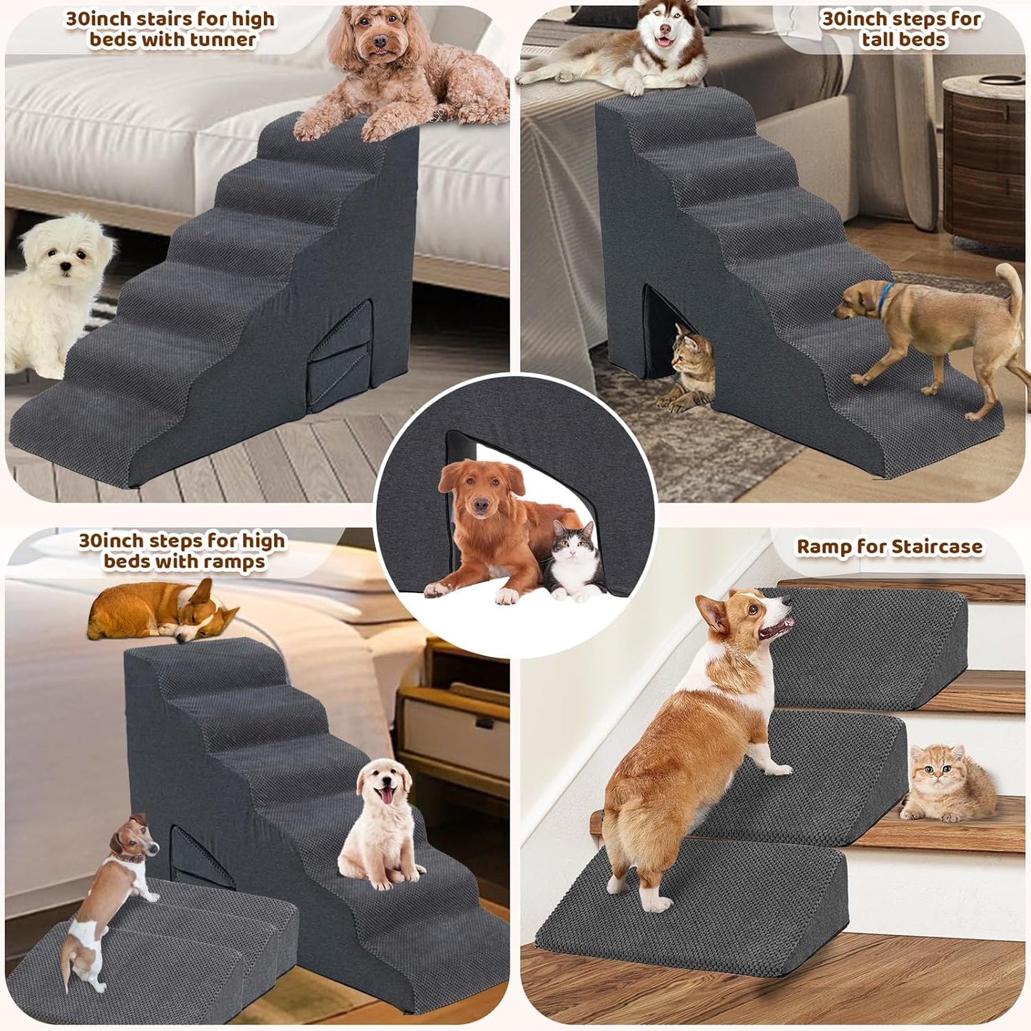 Dog Stairs for High Bed, 30 Inch Height 6 Steps Soft Foam Spliced Dog Steps for Bed, Non-Slip Sturdy Pet Stairs with 3 Pack Ramps for Staircase, Ramp for Small, Older Dogs - Grey