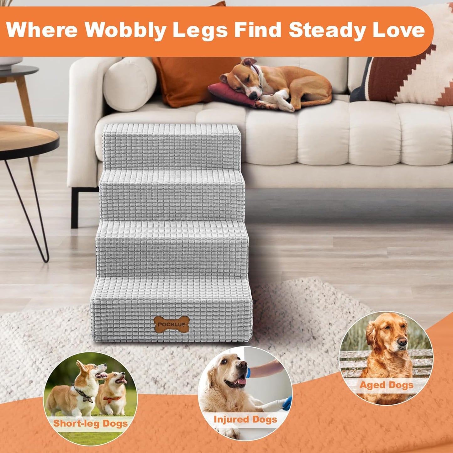 POCBLUE Dog Stairs for Small Dogs and Cats 13.3" H, 3-Step Pet Step for High Bed or Couch, Non-Slip Balanced Pet Ramp Indoor with High-Density Foam and Washable Cover, Grey