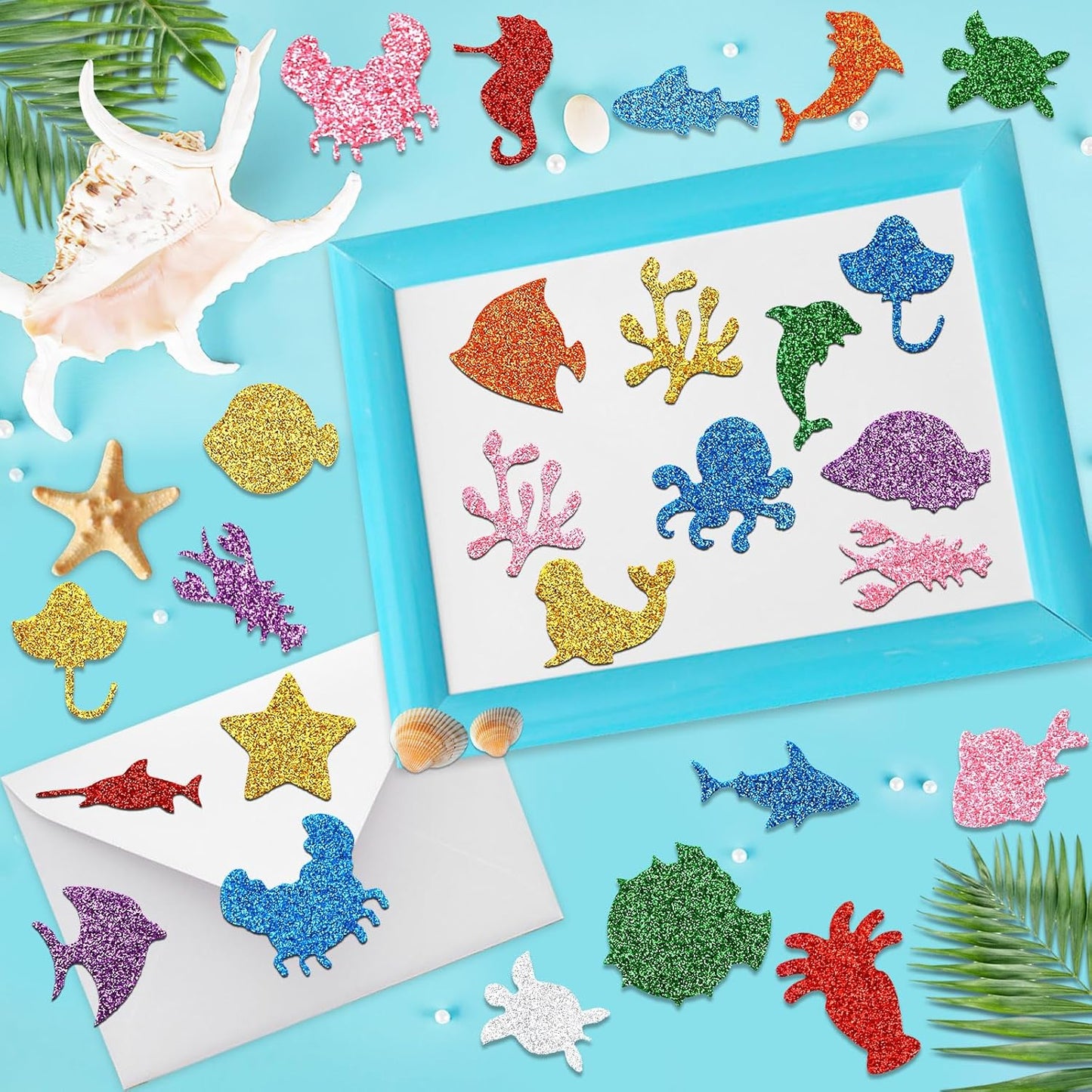 JULBEAR 300 Pieces Glitter Sea Animal Foam Stickers, Colorful Ocean Sea Fish Foam Stickers Bulk Self-Adhesive for Arts Crafts Ocean Theme Party Favors Decoration Home DIY Supplies
