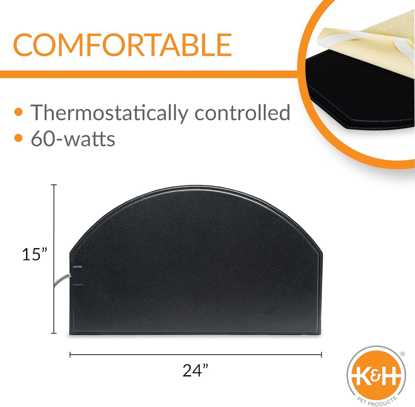 K&H Pet Products Lectro-Kennel Igloo-Style Heated Outdoor Dog Bed, Half-Round Durable Rigid ABS Plastic Heated Pad for Dog Houses Outdoor, Washable Cover, Safety Listed - Medium 24 X 15in Black 60W