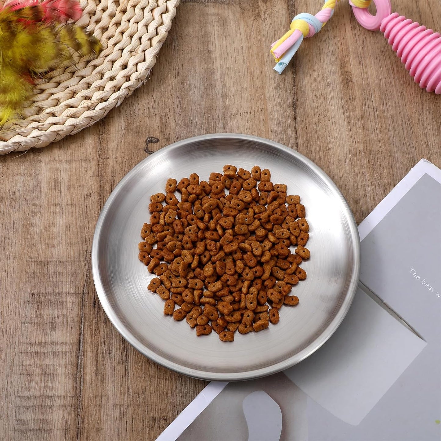 Stainless Steel Cat Bowls Dishes, Flat Metal Shallow Wide Whisker Friendly Cats Food Water Feeding Bowl Plate with Non-Slip Silicone Ring, Indoor Pet Kitten Small Dog Food Tray, Dishwasher Safe(5.5")