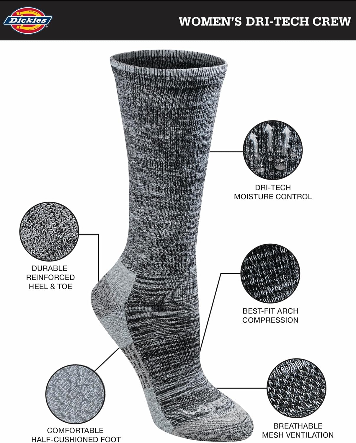 Dickies Women's Dri-Tech Fashion Moisture Control Crew Socks (6, 12 Pairs)