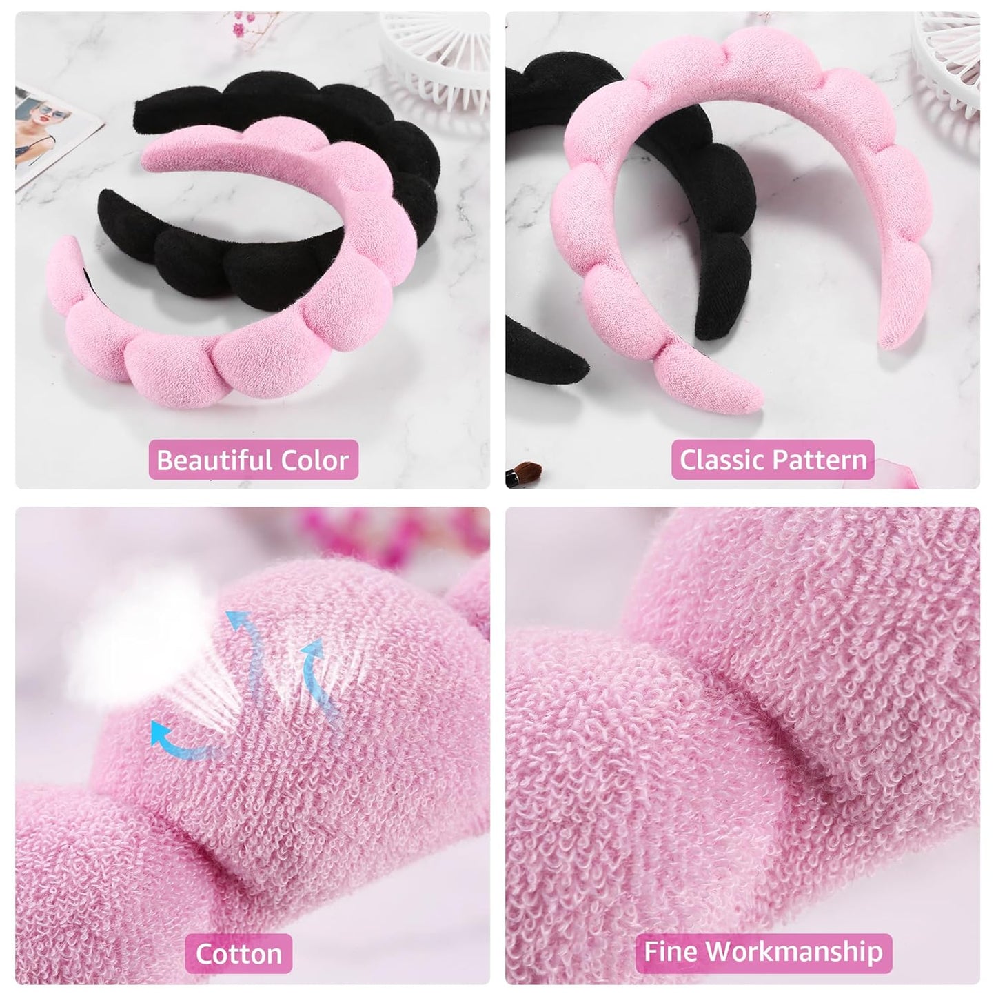 Spa Headbands for Washing Face or Facial, Set of 2 Skincare Headbands, Terry Cloth Headband Wash Combo Pack - Puffy Makeup Washing, Mask, Skin Treatment (Black & Pink)