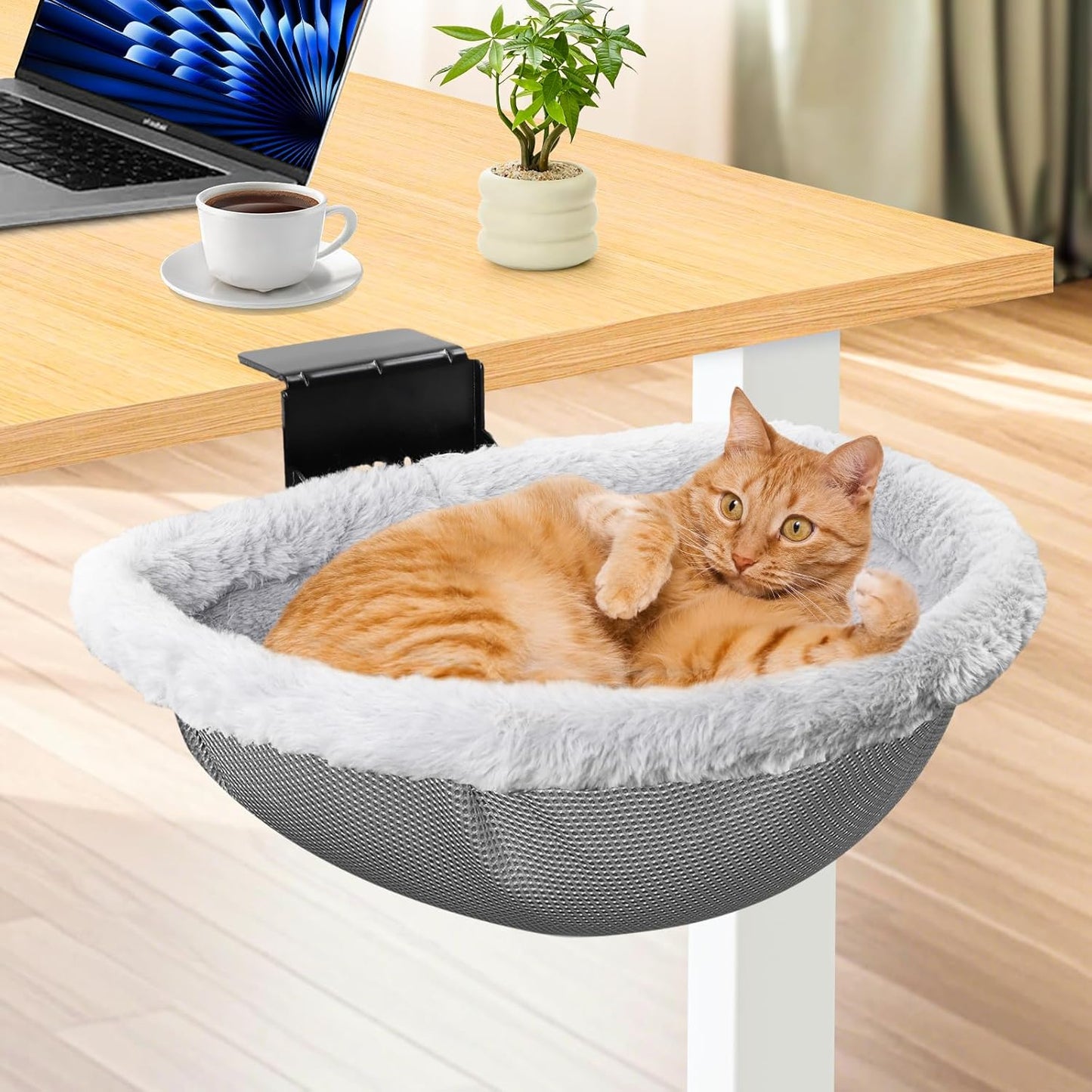 Stable Cat Desk Bed with Heavy-Duty Clamp | Sunken Hammock Design & Faux Rabbit Fur for Comfort, Removable & Washable Bed, Holds Up to 40lbs, Space Saving Cat Perch for Home Office