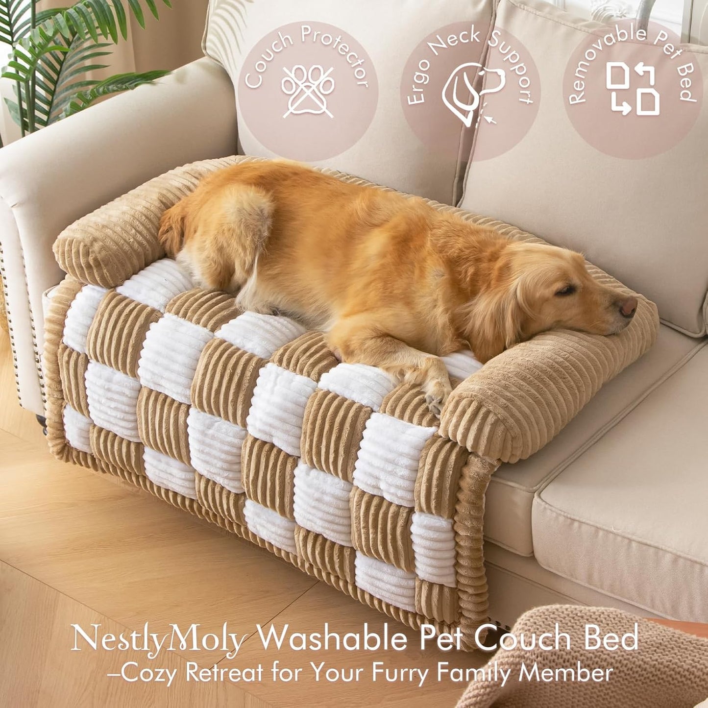 Dog Bed for Couch with Bolster, Comfy Couch Cover for Dogs Washable, Non-Slip Plush Furniture Protector, Calming Fuzzy Lounge Mat, Pet Sofa Accessories (Camel, Large)