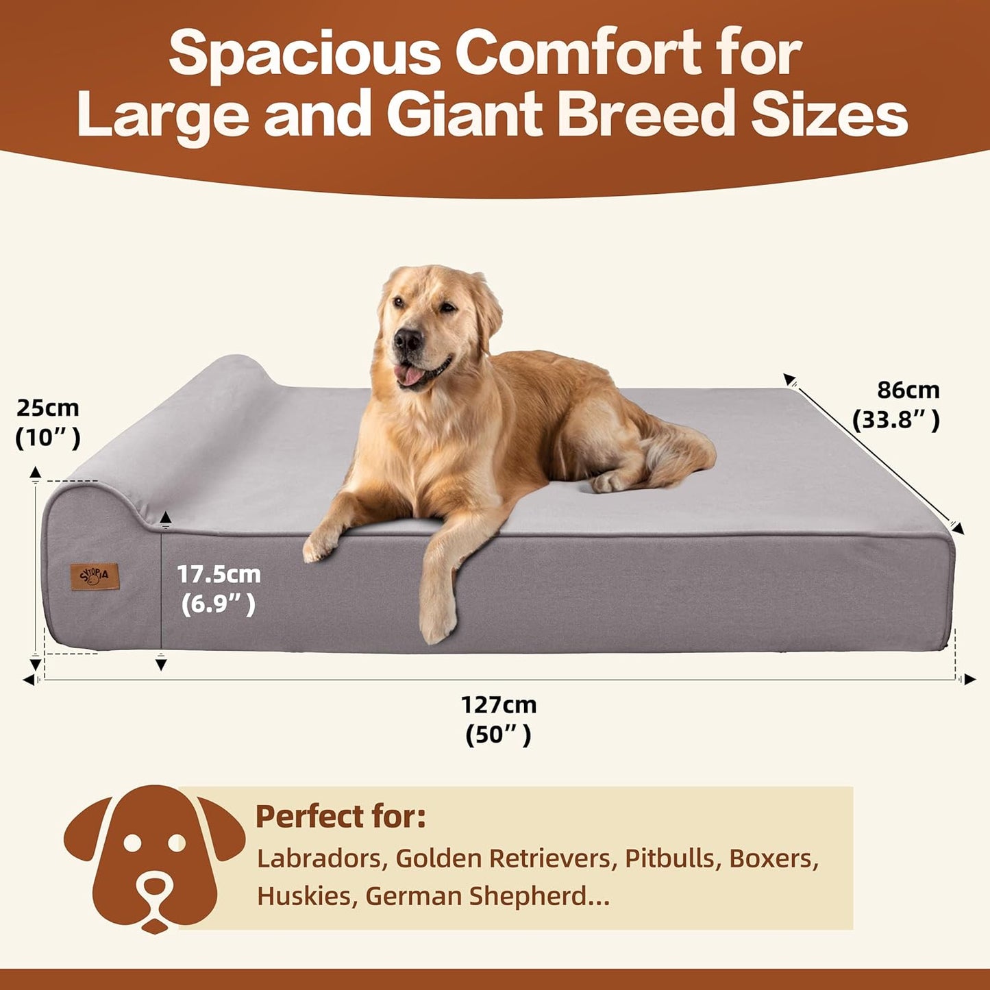 Sytopia XXL 35D Memory Foam Dog Bed for Extra Large Dogs – 7" Thick Orthopedic Pet Couch for Seniors and Big Breeds up to 150 Pounds, with Water-Resistant Liner & Washable Cover – Grey