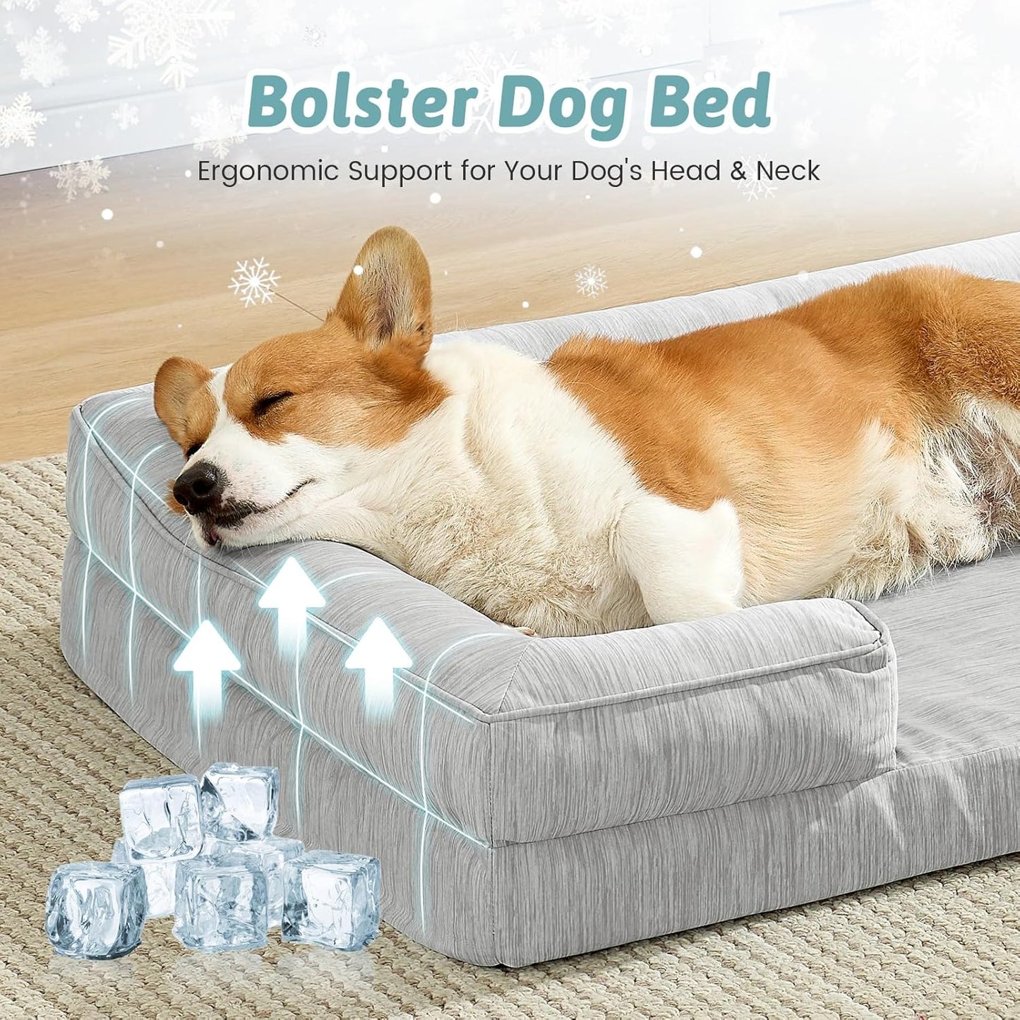 Cooling Dog Bed for Medium Small Size Dogs, Q-Max >0.4 Summer Cool Pet Bed, Orthopedic Foam Dog Sofa with Sides, Bolster Anti-Slip Couch with Washable Removable Cover, M 30x20x6 inch, Grey