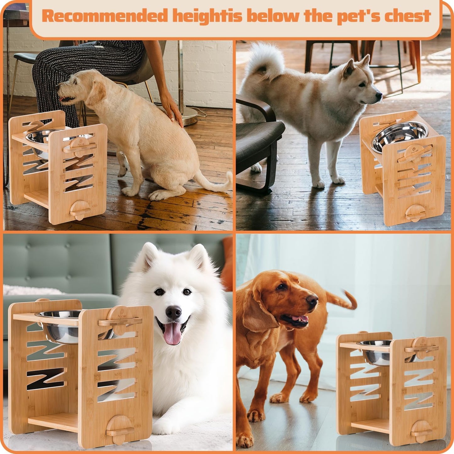 Elevated Dog Bowl 4.7″-11.8″with Food Grade 304 Stainless Steel 51 OZ, 9 Heights Bamboo Dogs Bowl Stand for Medium and Large Dogs, 1 Pack