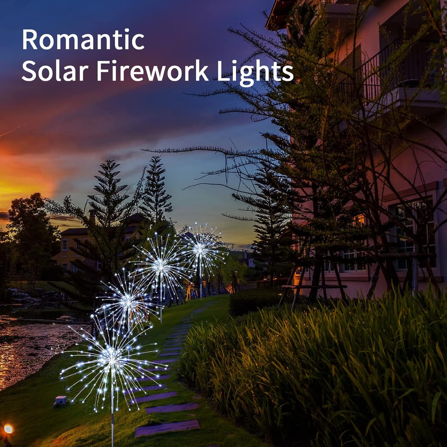 JJGoo Solar Firework Lights, 2 Pack 120 LEDs 2 Lighting Modes Solar Garden Lights Outdoor Waterproof for Yard Patio Walkway Pathway Party Wedding Christmas Decorative- Cool White