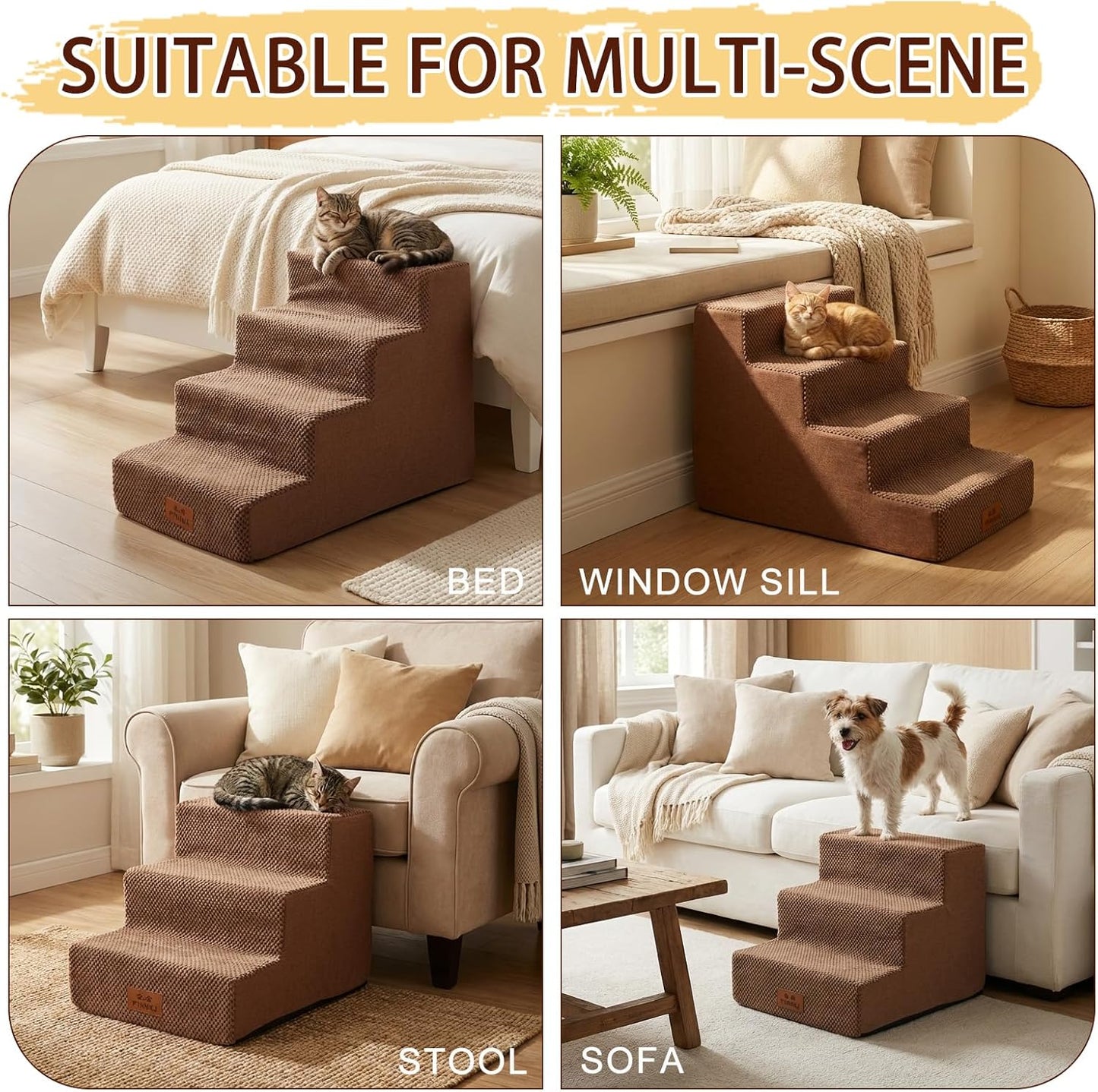 2 Pcs Dog Stairs 3-Step Dog Stairs for Bed Couch Sofa 13.5" H Pet Steps for Puppy Small Dogs Cat Puppy Small Medium Dogs (Brown, 3-Stairs 13.5" H)