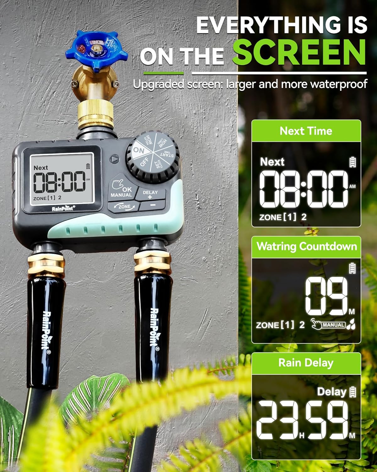 RAINPOINT Water Timer for Garden Hose - Sprinkler Timer with Brass Swivel - Rain Delay/Manual Watering/Automatic Irrigation Programmable Faucet for Yard, 2 Outlet