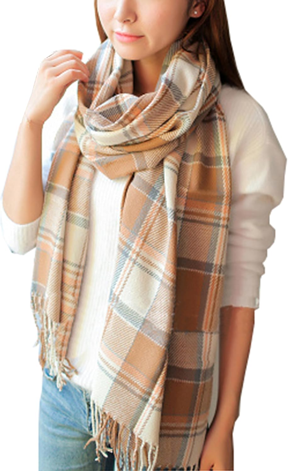 Wander Agio Women's Fashion Long Shawl Big Grid Winter Warm Lattice Large Scarf