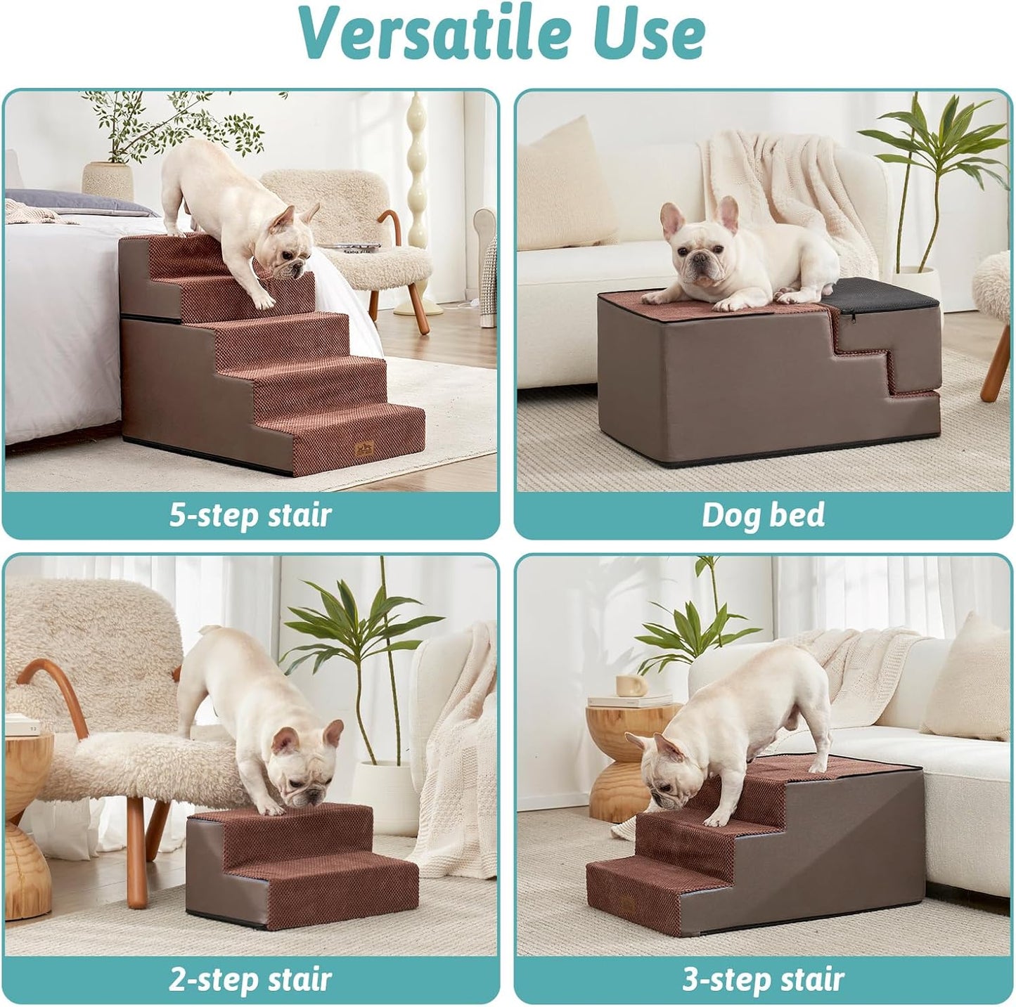 Dog Stairs with Detachable Zipper, 19.7" Extra Wide Right-Angle Pet Stairs for Bed, Anti-Slip Dog Steps for Lowrider and Puppy, Elderly Cats with Support Board, 19.7x29.5x23.6 inch, Brown