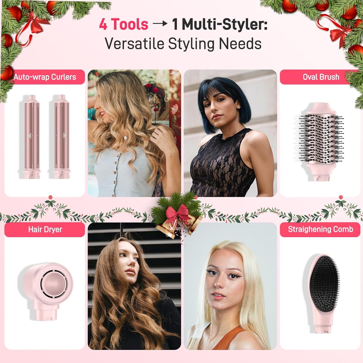 MESCOMB Dual Voltage Hot Air Styler Wrap - 5 in 1 Hair Dryer Brush with Fast Drying Blow Dryer, Styling, Straightening & Volumizing with Travel Bag (100V–240V) -Pink