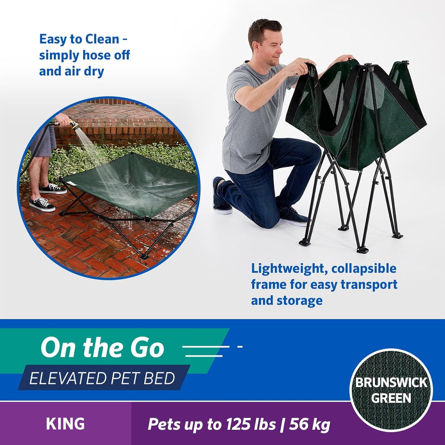 Coolaroo On-The-Go Elevated Dog Bed - Foldable Pop-Up Travel Dog Bed with Breathable, Moisture-Resistant Fabric, Carry Bag Included, Lightweight & Portable, Brunswick Green, Extra Large