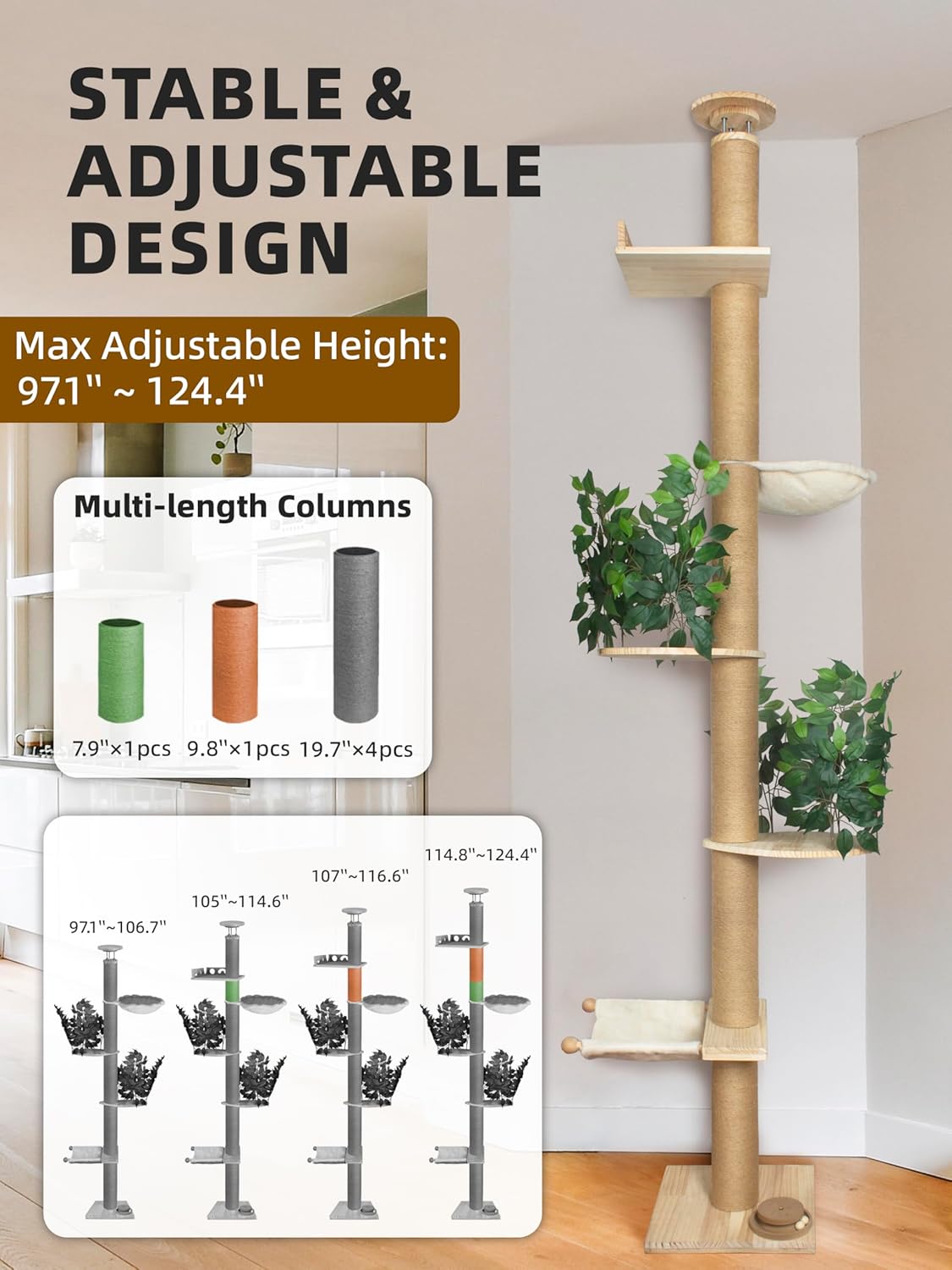 Cat Tree Floor to Ceiling Cat Tower Ajustable Height 97.1-124.4 Inches Tall and 4.5 Inches Thickened Post Large Cat Tree Tower for Indoor Cats Modern