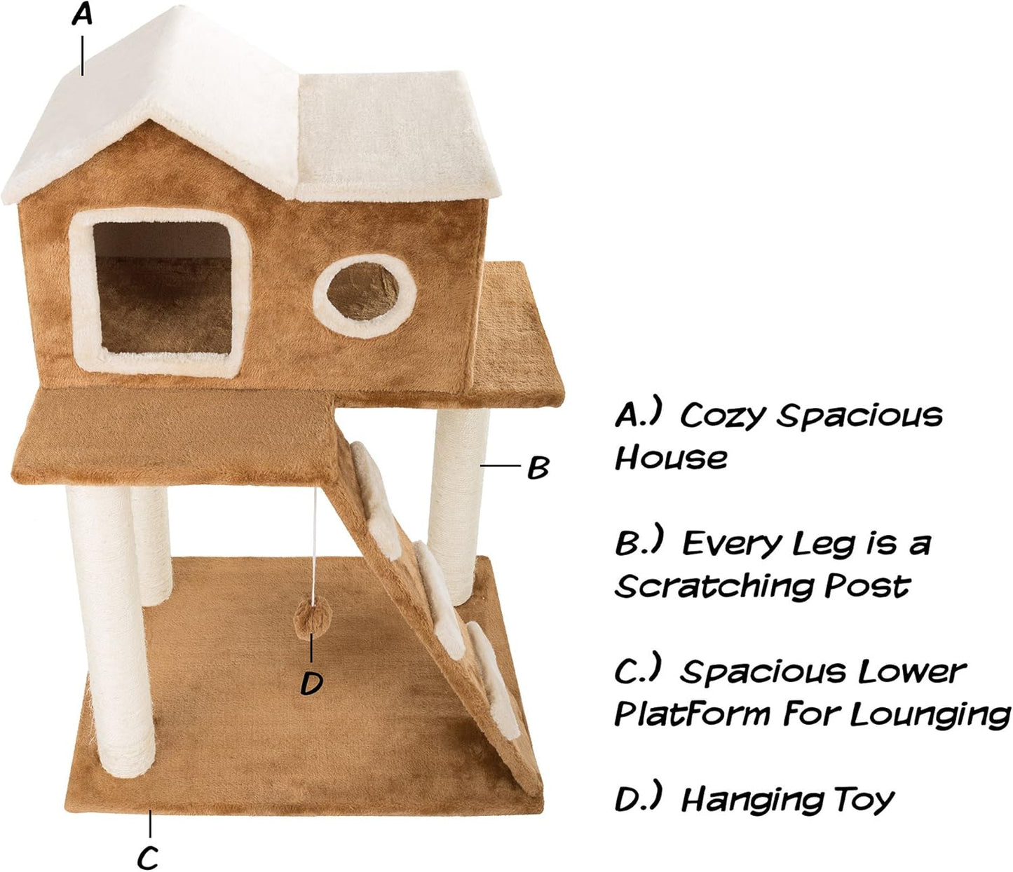 35in Cat Tree with Climb-Up Ladder, Cat Condo, 3 Sisal Rope Cat Scratching Posts, and Hanging Toy - Cat Tower for Indoor Cats by PETMAKER (Brown)