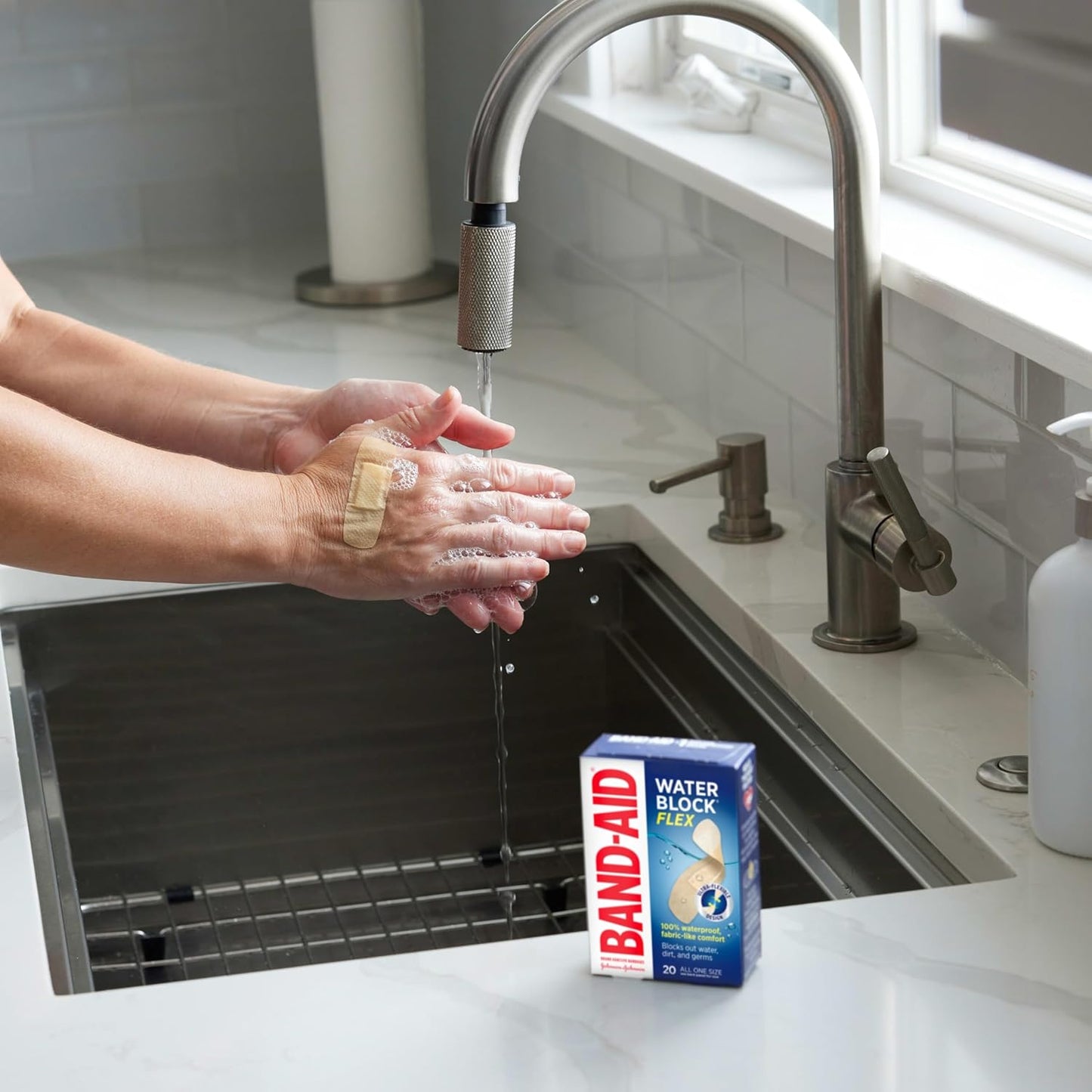 BAND-AID Brand Water Block Flex 100% Waterproof Adhesive Bandages for First-Aid Wound Care of Minor Cuts, Scrapes & Wounds, Ultra-Flexible Design, Sterile, All One Size, 20 ct