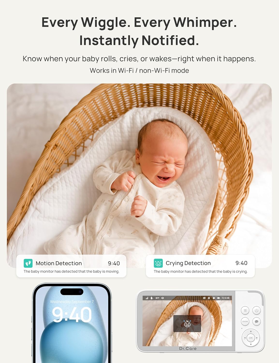 Dr.Care VistaView 5” Smart WiFi Baby Monitor with Clip Mount - 2K HD Camera, App Control, Cry & Motion Alerts, Night Vision, 5000mAh Battery, 2-Way Talk, Multi-User, Triple Security