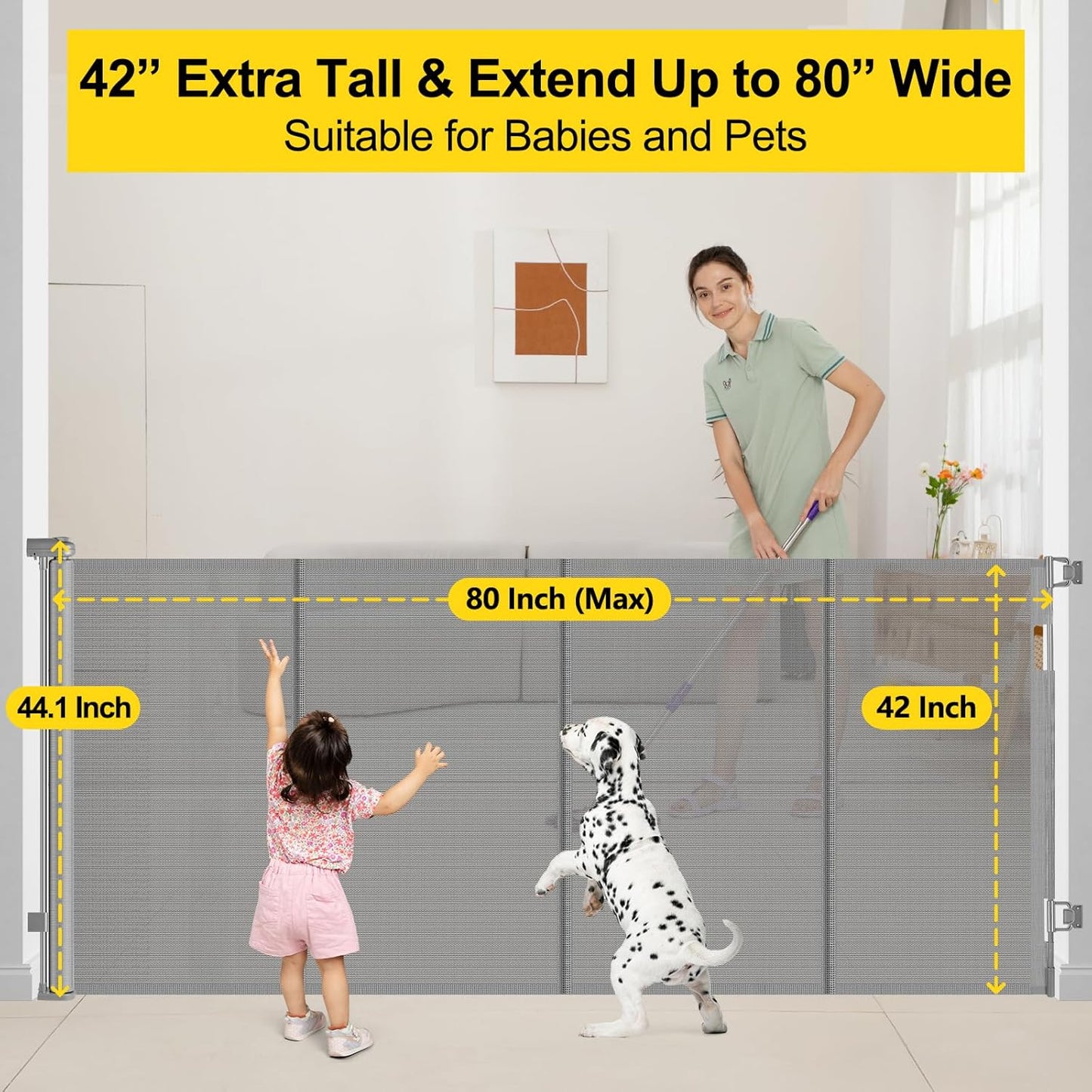 Reinforced 42” Extra Tall x 80” Wide Retractable Baby Gates with Rods to Prevent Crawling Through, Extra Tall Dog Gate for Large Openings Indoor Long Mesh Pet Gate for Stairs and Doorways, Gray