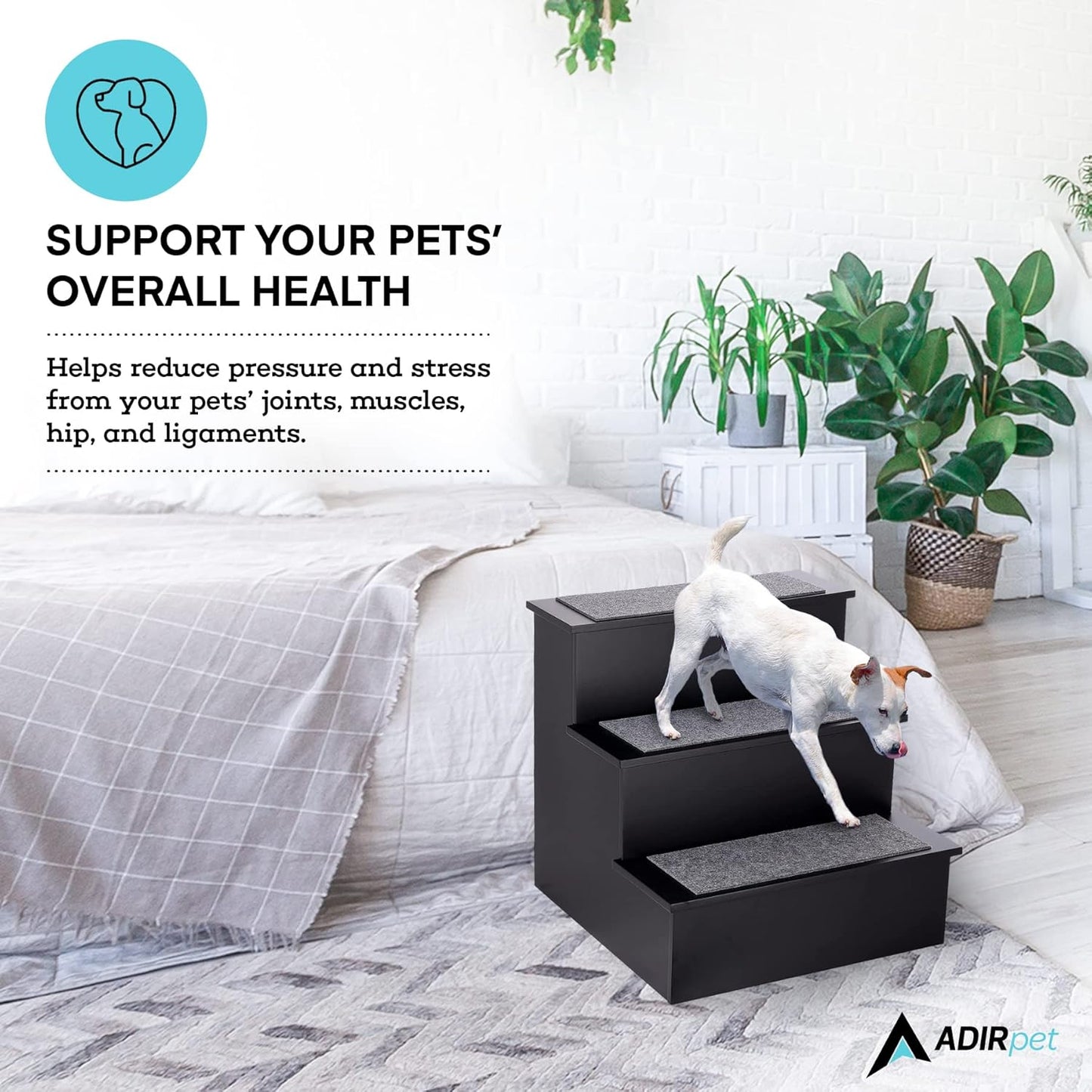 AdirPets Deluxe 3-Step Pet Stairs with Non-Slip Surface and Carpeted Treads - Sleek Pet Steps for Small Dogs, Cats, Elderly or Disabled Pets - Supports Up to 175lbs Weight - Black