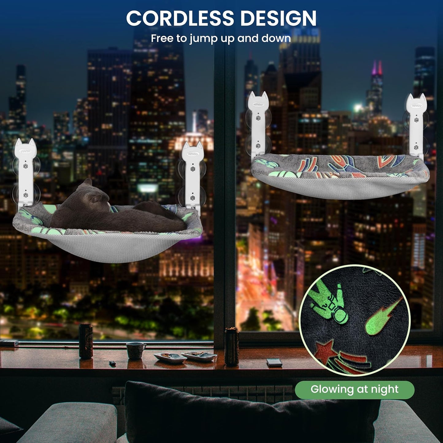 2 Pack Cat Window Perch, Glow in The Dark Foldable Cat Hammock with Sunken Design & Removable Soft Cover, Breathable Cordless Window Bed for Resting Indoor Kitten (Shallow Perch, 2 Pack - L)