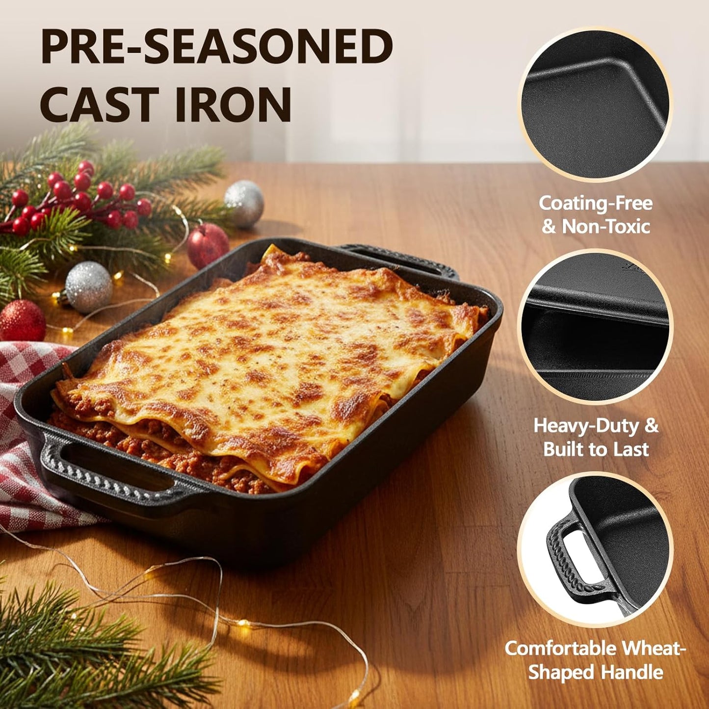 9x13" Casserole Dishes for Oven with Lids - 2-In-1 Pre-Seasoned Cast Iron Baking Dish for Lasagna, Sourdough Bread