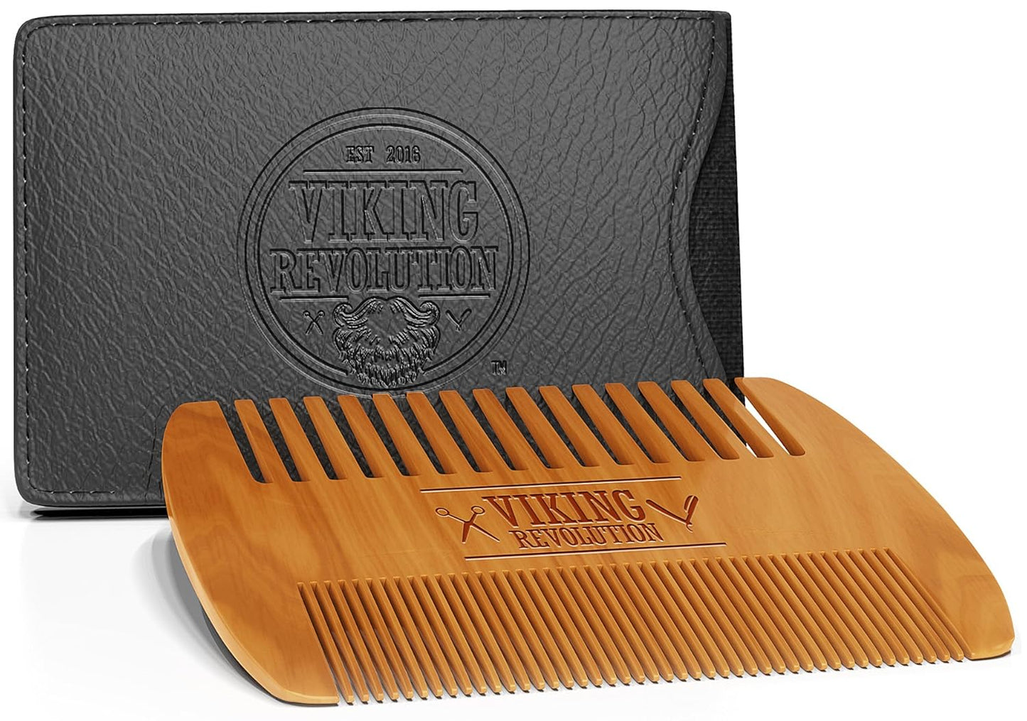 Wooden Beard Comb & Case, Dual Action Fine & Coarse Teeth, Perfect for use with Balms and Oils, Top Pocket Comb for Beards & Mustaches by Viking Revolution