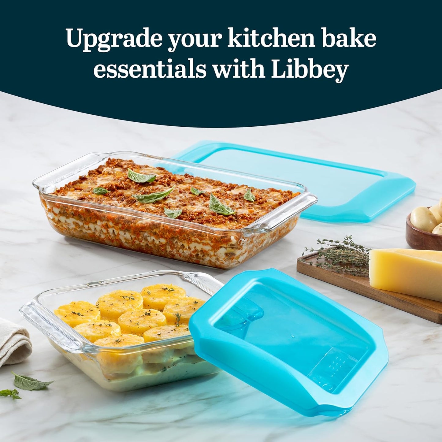 Libbey Baker’s Premium 5 Piece Glass Baking Dish Set, Stackable Casserole Dish with Lid Set, Baking Glassware for Casseroles, Lasagna, Brownies