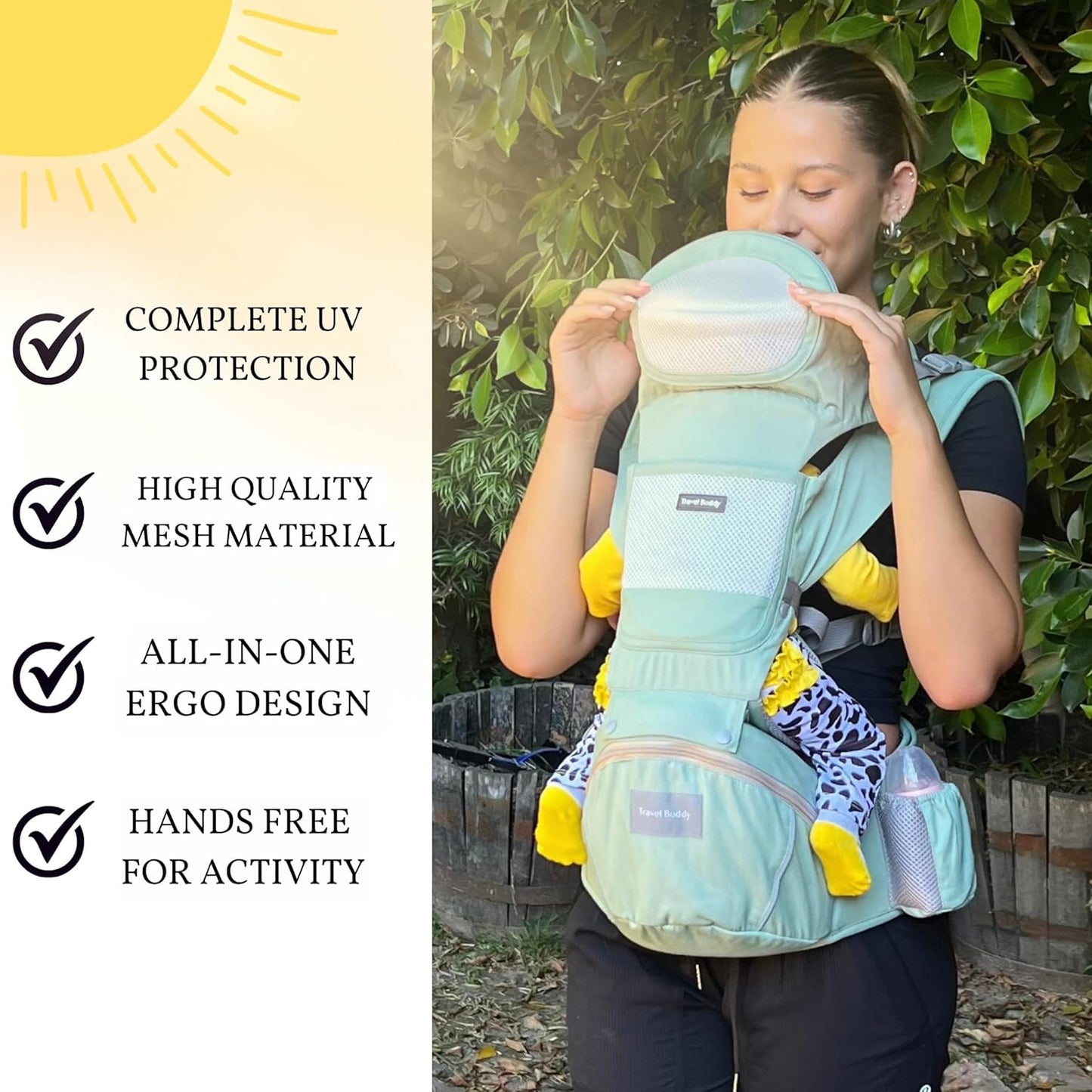 Travel Buddy Baby Carrier | 4-in-1 with Hip Seat and Sling | Adjustable Size for Dad & Mom | Back & Lumbar Support | Ergonomic M Position Develops Healthy HIPS | 3-44lbs Newborn & Toddler Carrier