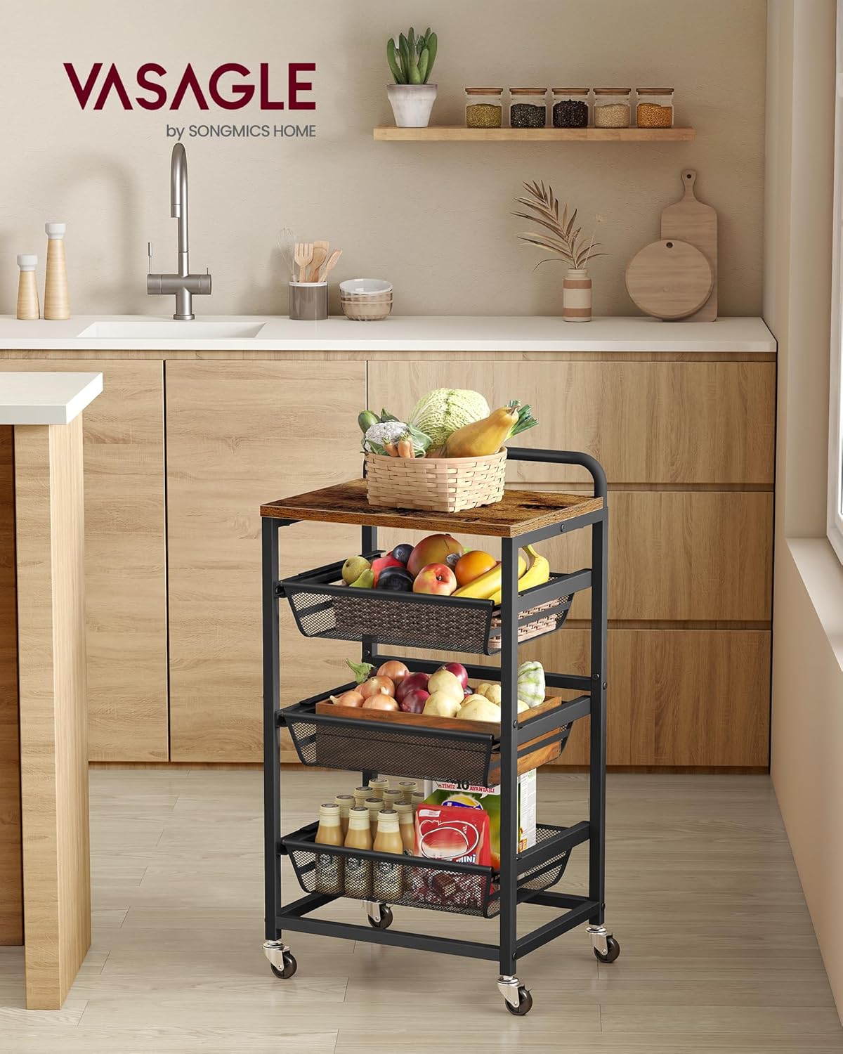 VASAGLE Storage Rolling Cart with Pull-Out Baskets, 4-Tier Utility Cart Orgnizer with Wheels for Laundry Room, Kitchen, Handle, 12.5 x 15.8 x 29.9 Inches, Rustic Brown and Ink Black ULRC040K01