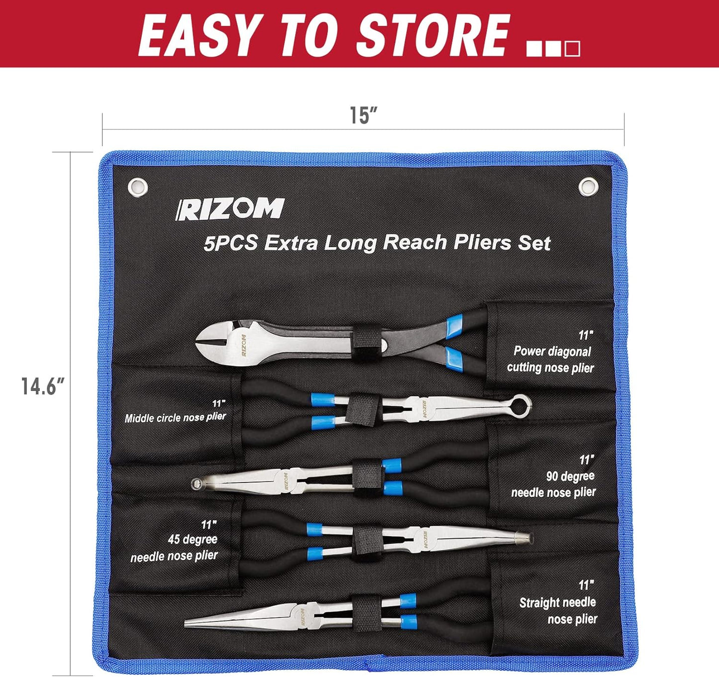 RIZOM 5-Piece 11 Inch Long Needle Nose Pliers Set, Extra Long Reach Pliers Set, 45°&90° Bent Needle Nose Pliers, Circle Nose and Diagonal Pliers for Narrow Spaces and Limited Areas