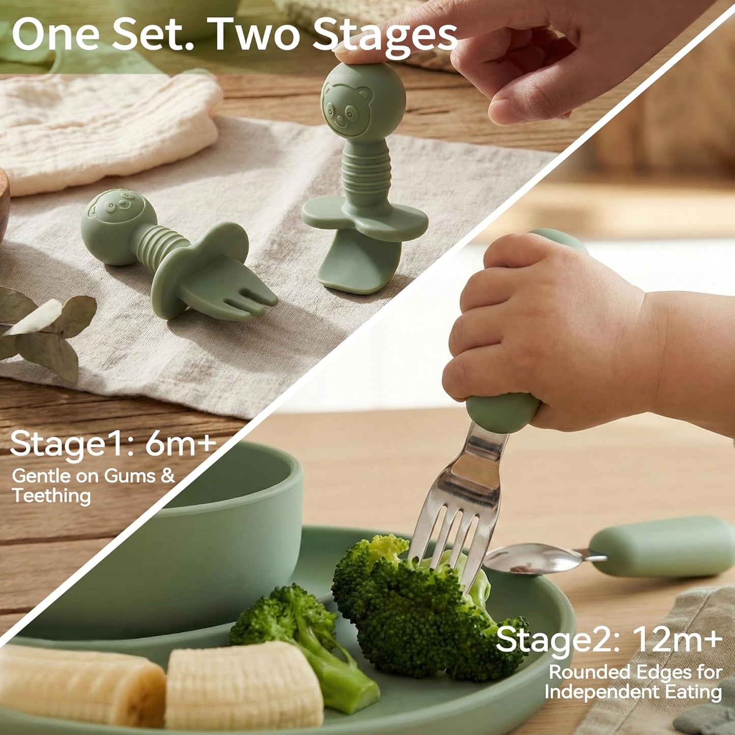 Silicone Baby Feeding Set, Baby Led Weaning Supplies, Eating Essentials Utensils with Suction Plate and Bowl, Pocket Bib, Sippy Cup with Lid, Forks Spoons Snack Container, for 6+ Months, Green