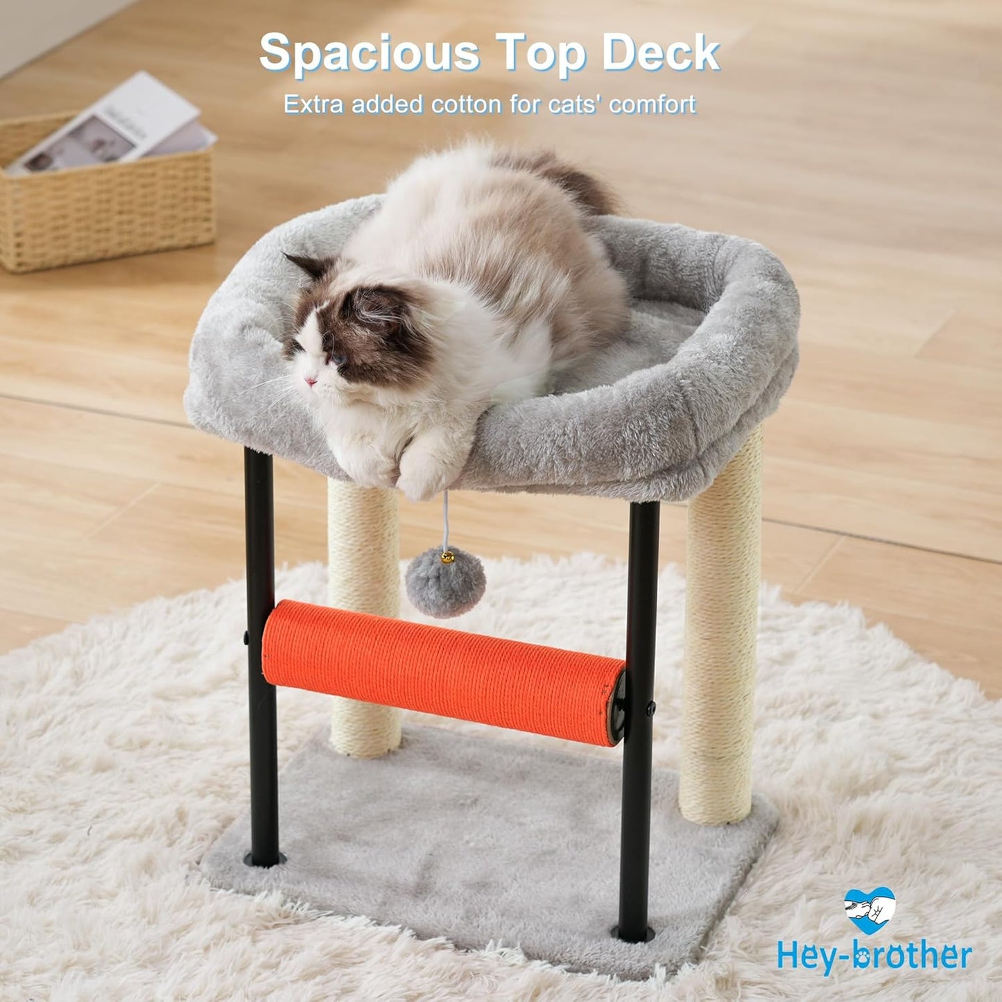 Hey-brother Cat Tree, Cat Scratching Posts with Bed, Sturdy Tower with Fully Sisal-Wrapped Columns and Plush Toy Ball for Indoor Kittens, 18.9 inches, Light Gray MPJ010SW