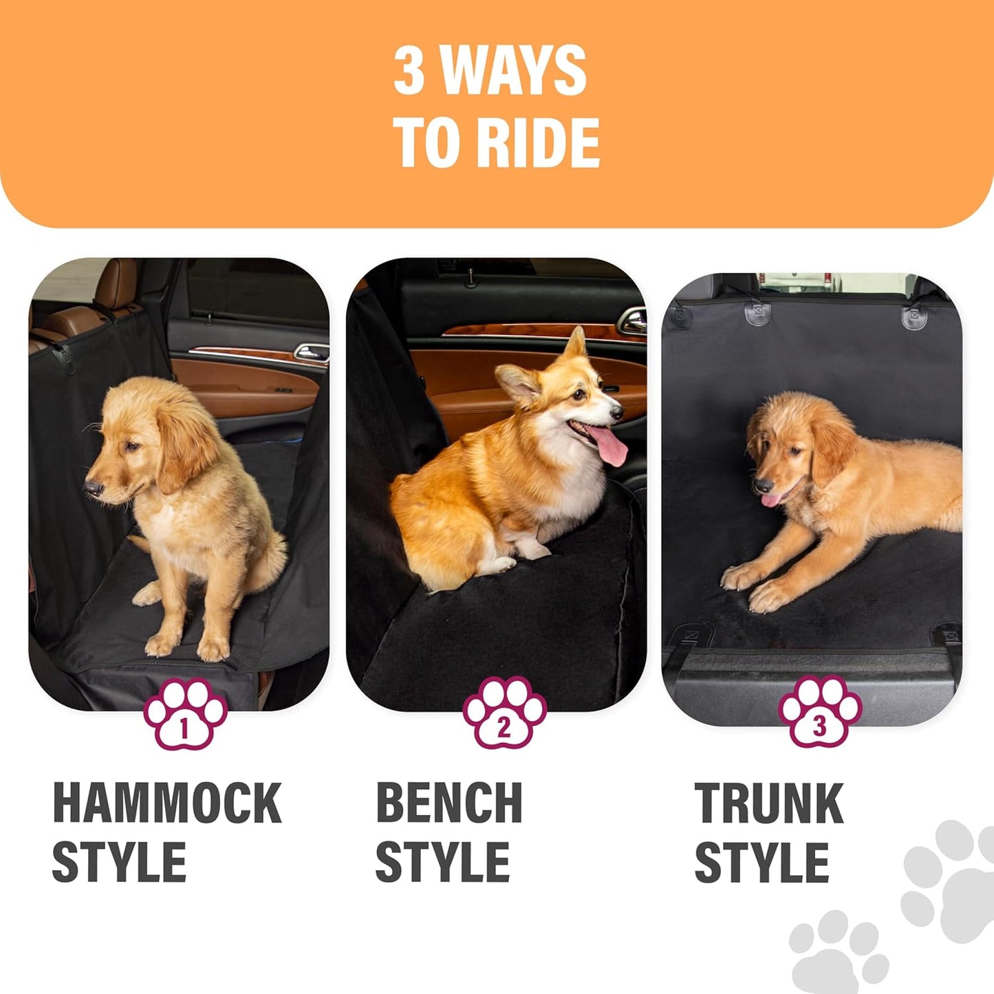 Active Pets Waterproof Hammock Standard Car Seat Cover, Fits Sedans Hatchbacks Crossovers Coupes Compact Vehicles, Secure Convertible Travel Bed Protects Backseat Cargo from Dogs, Black w/Black Trim