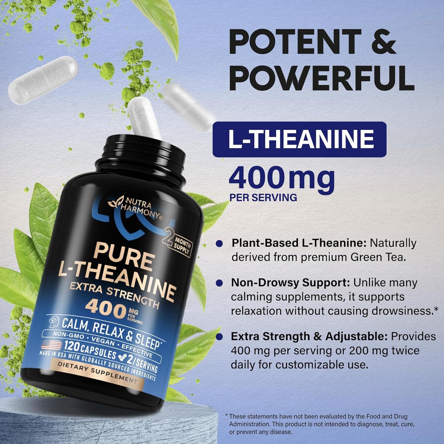 L Theanine 400 mg | L-Theanine Stress Relief | Extra Strength Supplement | Made in USA | Relaxation, Sleep & Calm Support | For Men & Women | Plant Based, Non-GMO & Gluten-Free | 120 Vegan Capsules