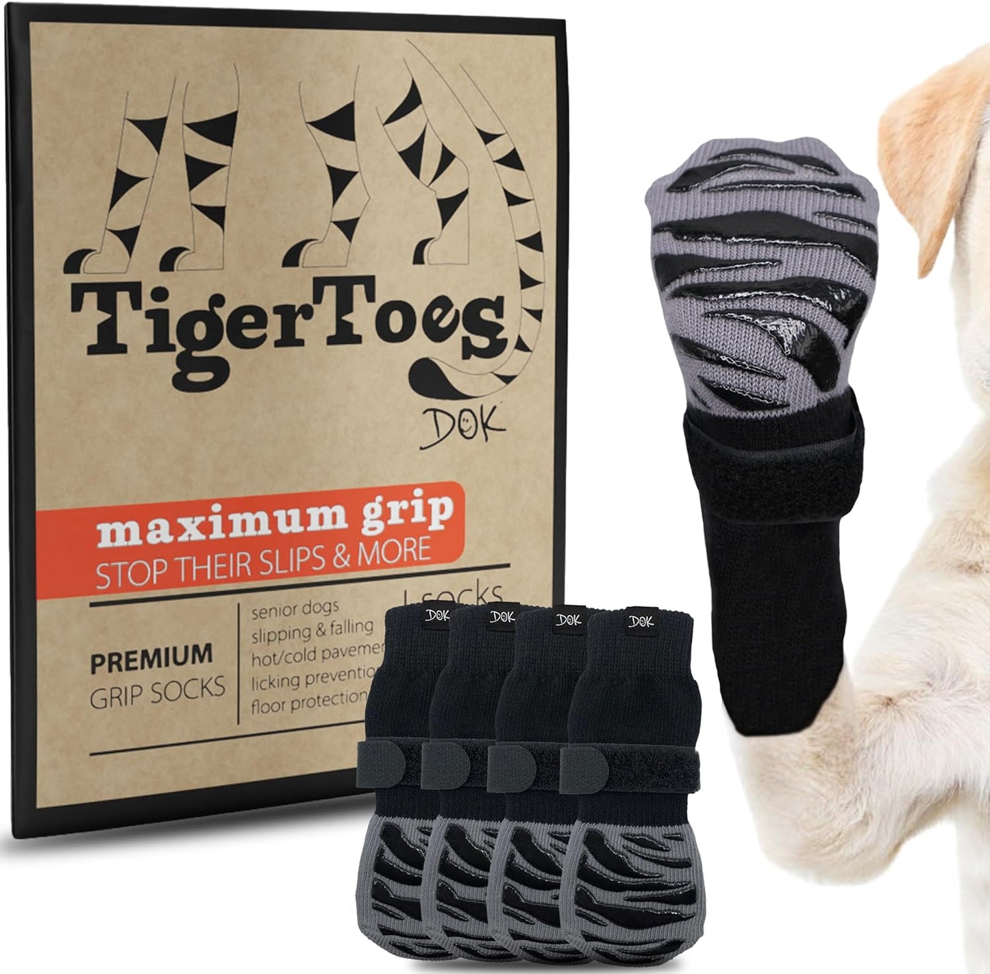 DOK TigerToes Premium Non-Slip Dog Socks for Hardwood Floors - Extra-Thick Grip that Works Even When Twisted - Prevents Licking, Slipping, and Great for Dog Paw Protection - Size Medium