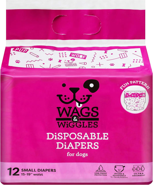 Wags & Wiggles Female Dog Diapers - Small Disposable Doggie Diapers for Dogs in Heat, Incontinence, Travel, or House Training, 15"-19" Waist, 12 Count