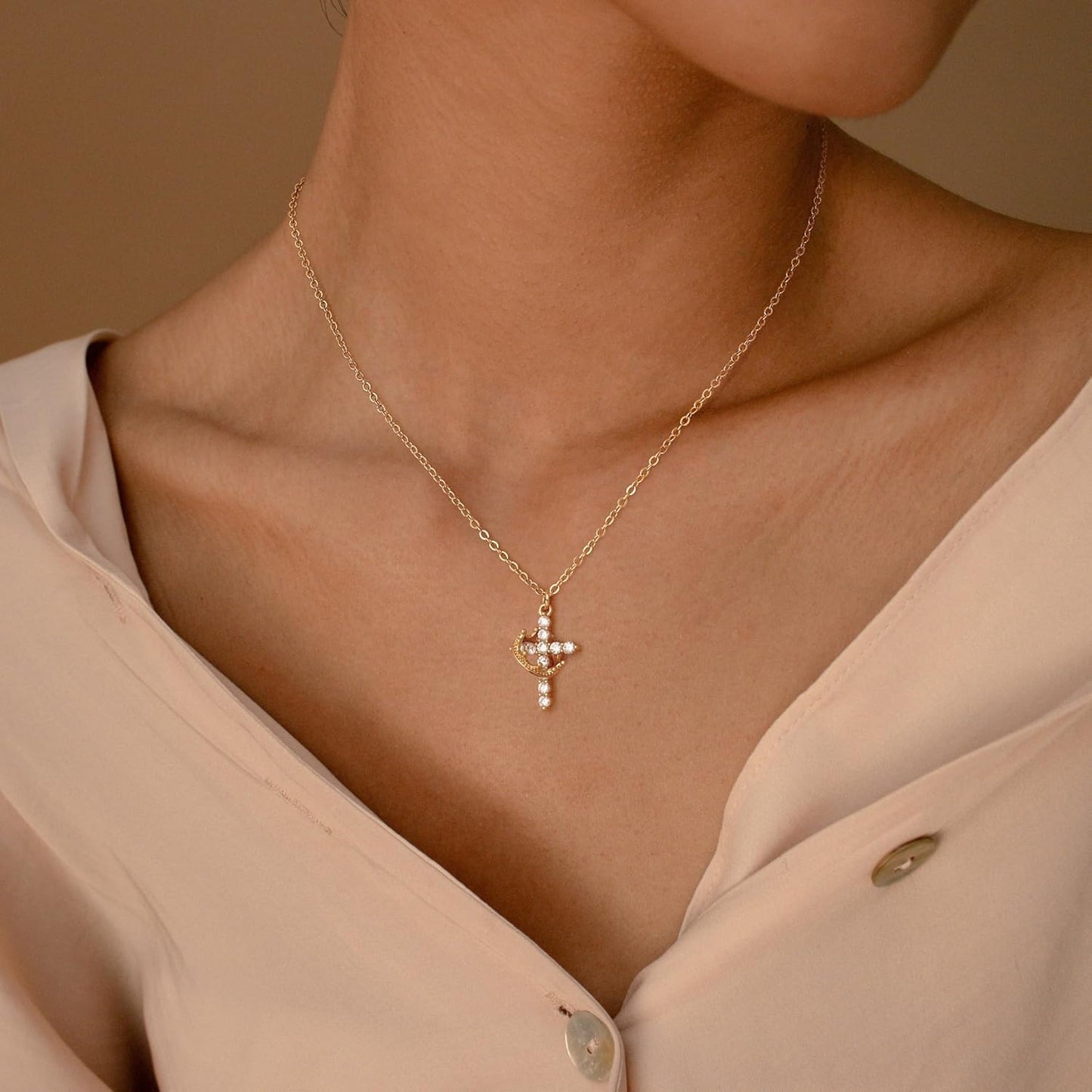 Valentines Day Gifts Upgraded Crown Cross Necklace for Women, 14K Gold Plated Crown Cross Pendant Necklace, Non-Tarnish Faith Jewelry for Women, Christian Religious Gifts for Her