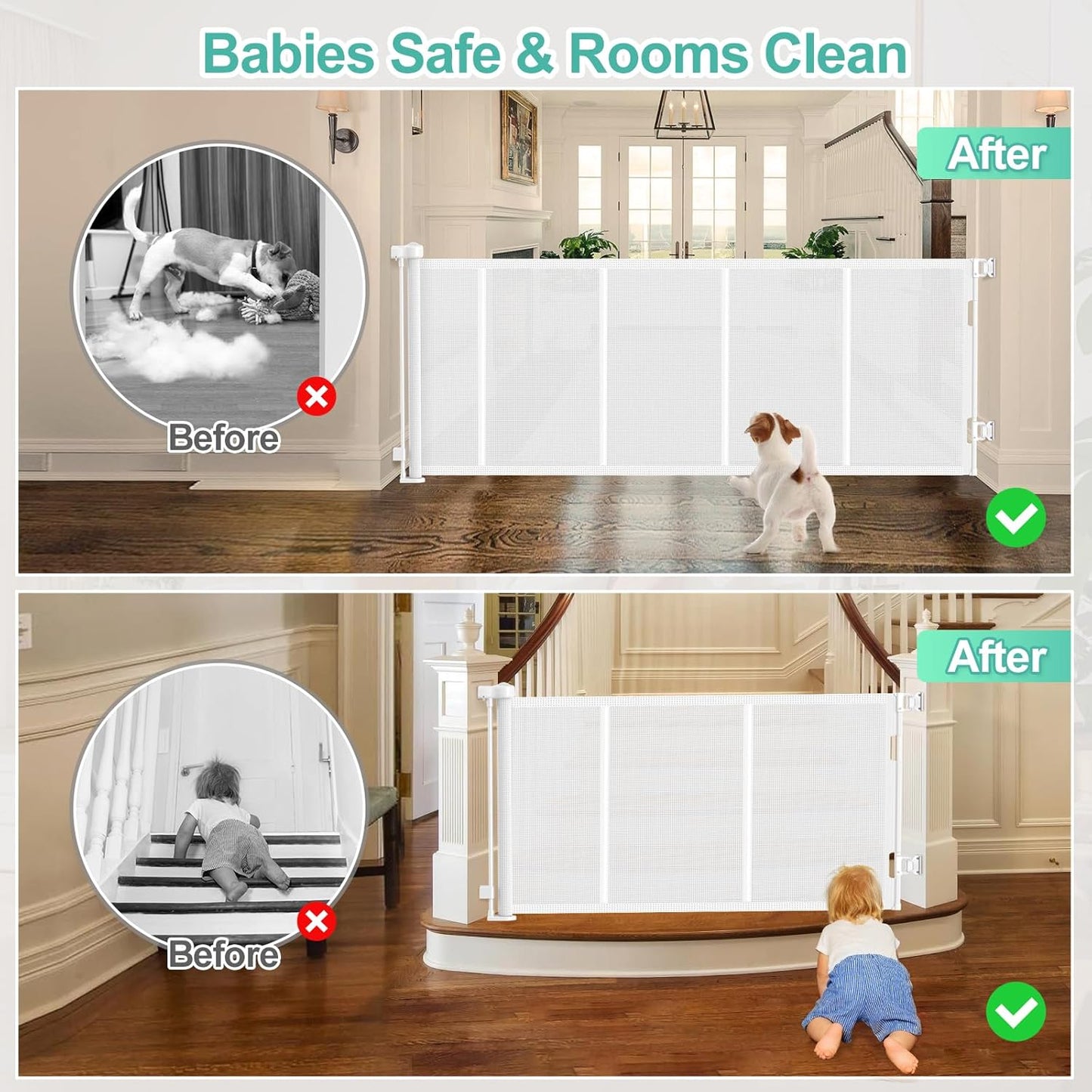 Upgrade 120 inch Retractable Baby Gates, EZIGO Extra Wide Baby Gate for Large Opening Extra Long Mesh Gate for Kids or Pet Dog Gate Child Safety Gate for Stairs Hallways Doorway Indoor Outdoor, White